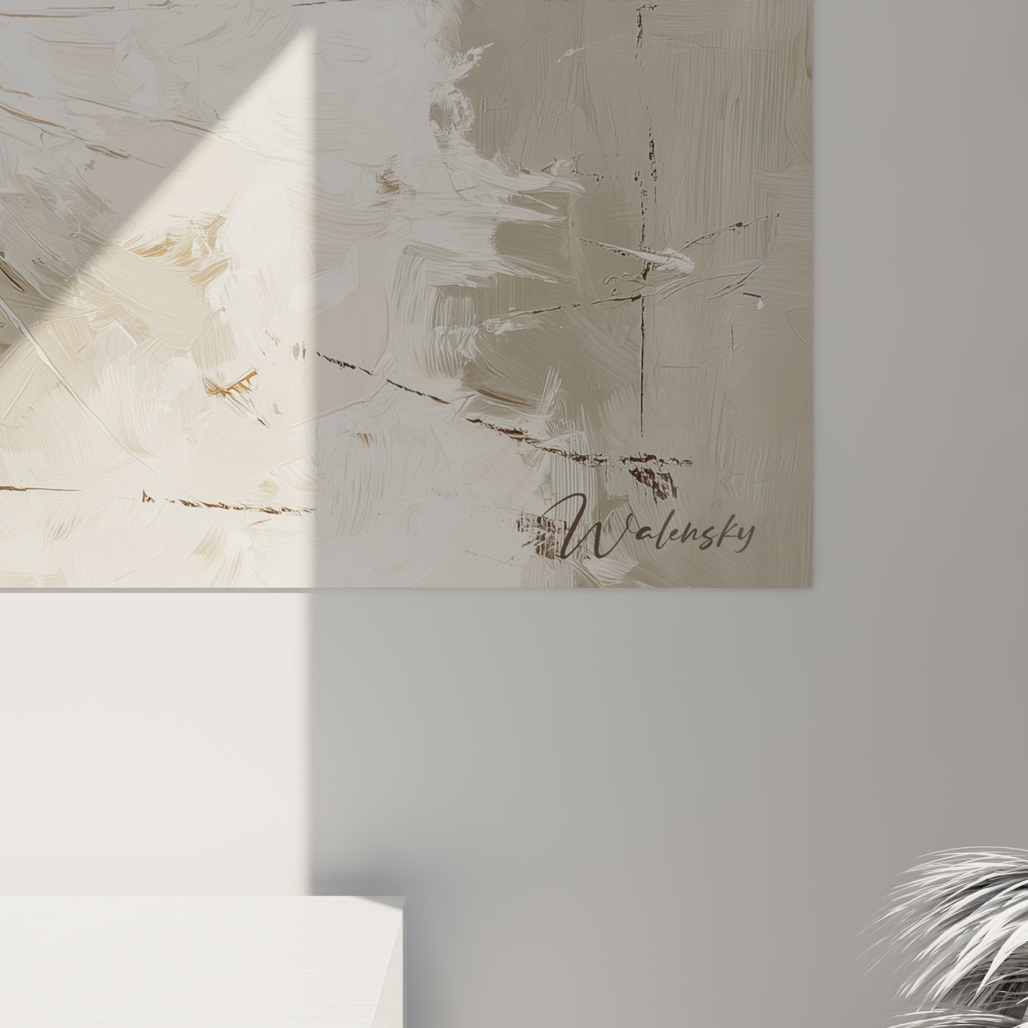 Vue d'ensemble du tableau chat blanc American Bobtail dans un intérieur contemporain, art mural décoratif