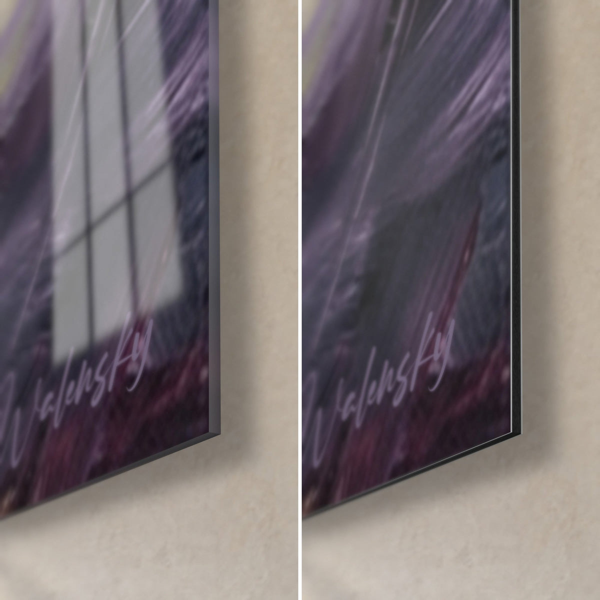 Wall art little rope jumper, bottom right corner: glossy glass with reflections and matt violet Dibond, 3 mm edge