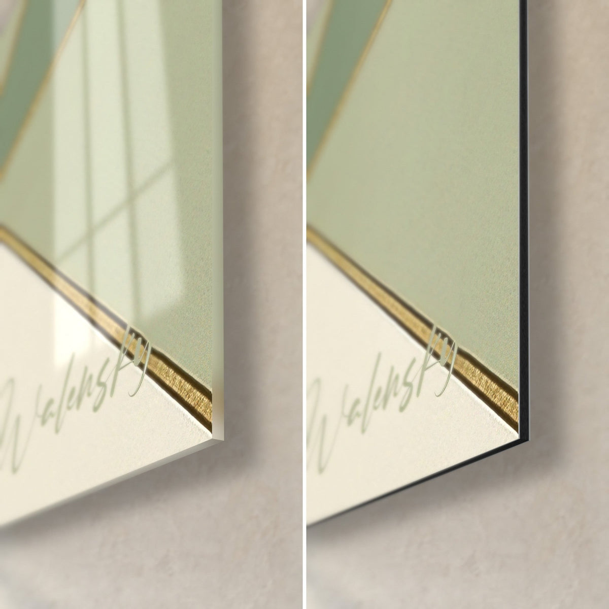 Wall art polygonal sage green cat, lower right corner, shiny glass with reflections on the left, matt black Dibond on the right, Walensky signature