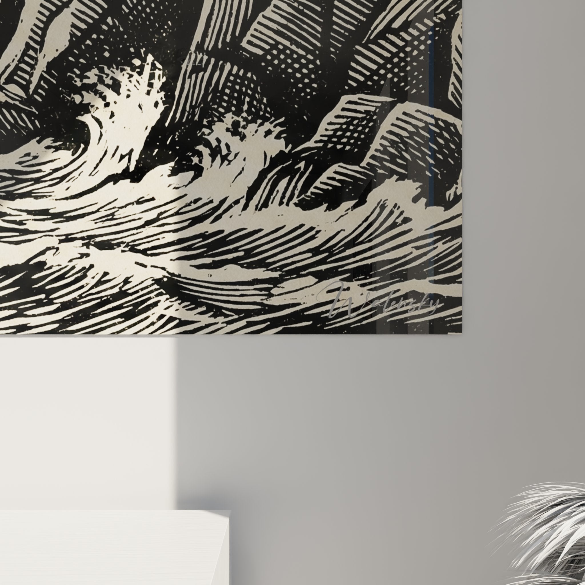 Vue ensemble tableau mural kayak falaises gravure decoration interieure style vintage