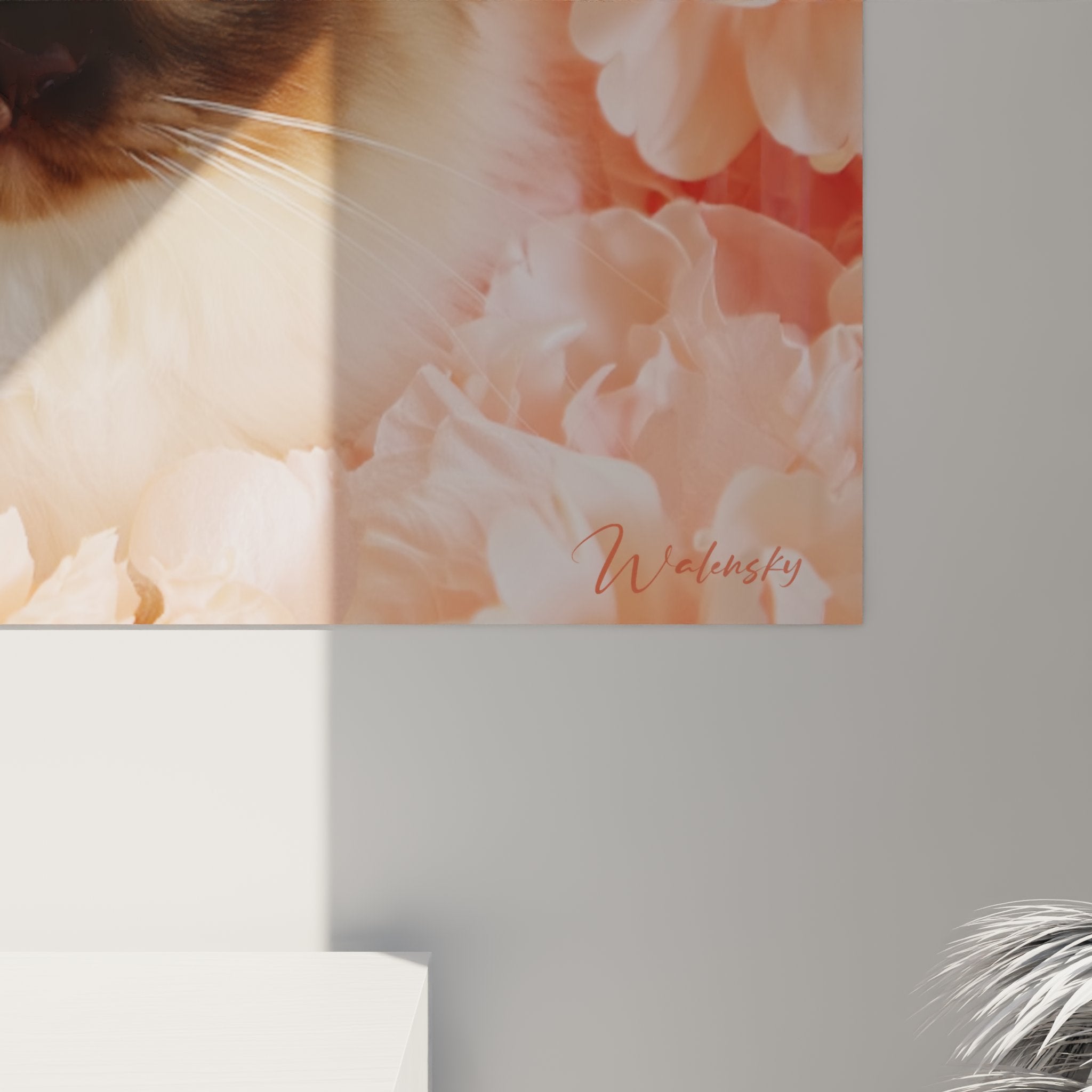 Panoramica quadro murale gatto birmano peonie, arte decorativa per interni eleganti