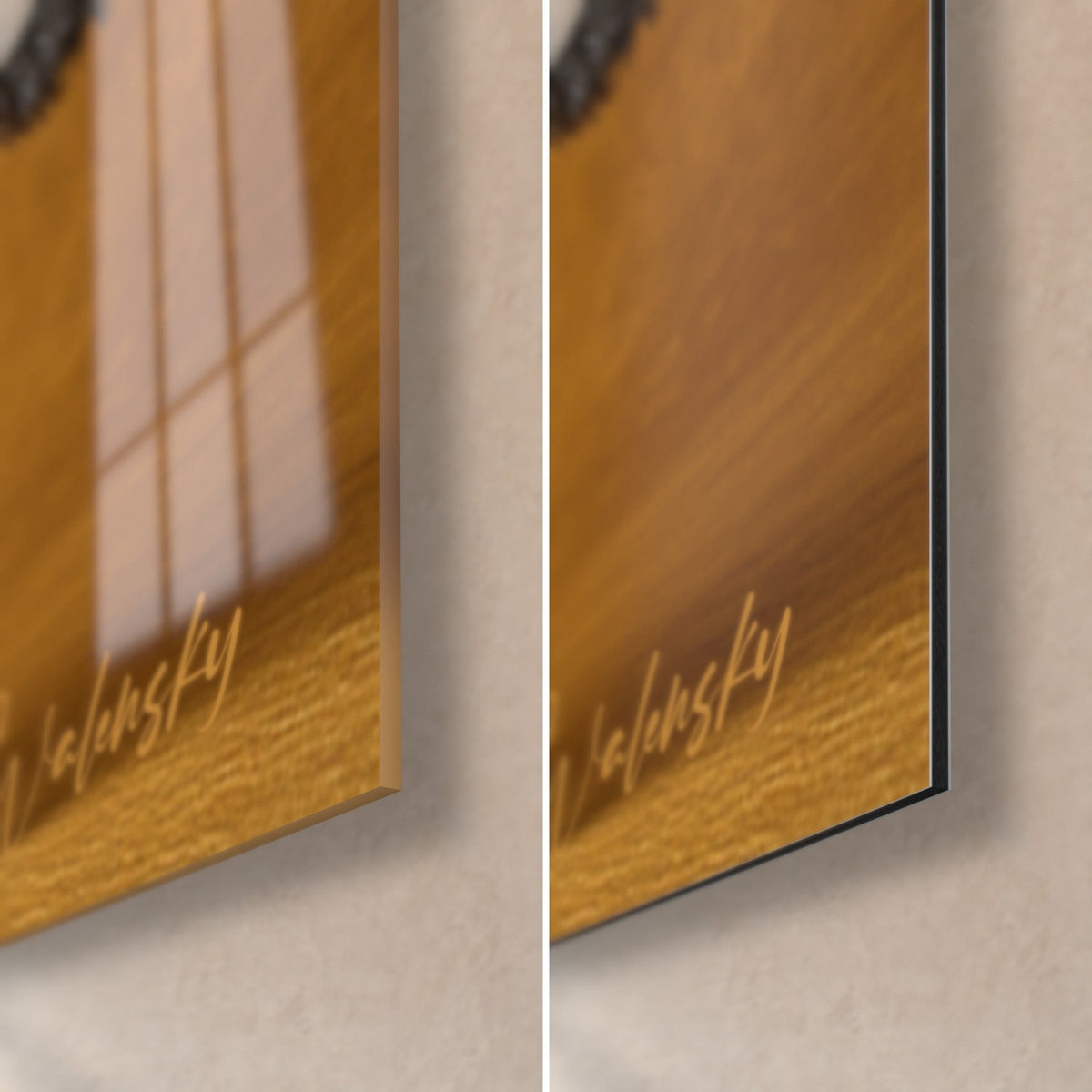 Wall art black cat with wavy fur on an amber background, bottom right corner: glossy acrylic glass on the left, matte Dibond aluminum and 3 mm edge