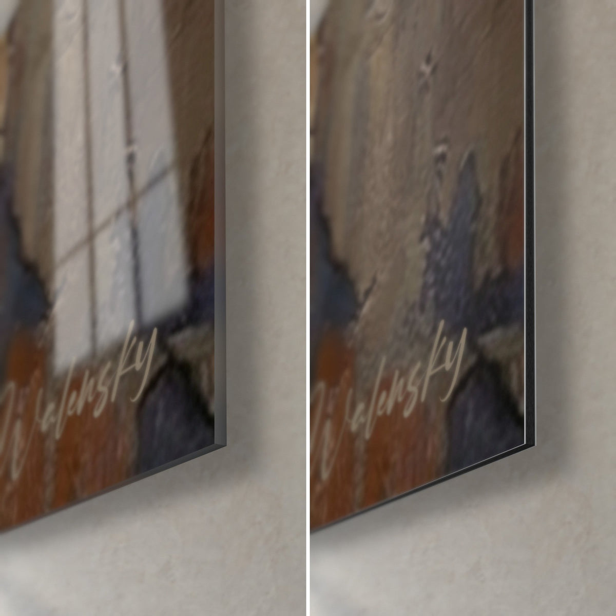 Cuadro payaso con gorguera blanca, esquina inferior derecha: cristal acrílico brillante con reflejos, Dibond de aluminio mate, canto de 3 mm