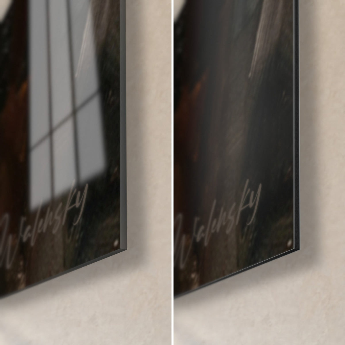 Wall art of a revolver being reloaded, bottom right corner: glossy black acrylic glass with reflections on the left, matte Dibond aluminium on the right, 3 mm edge