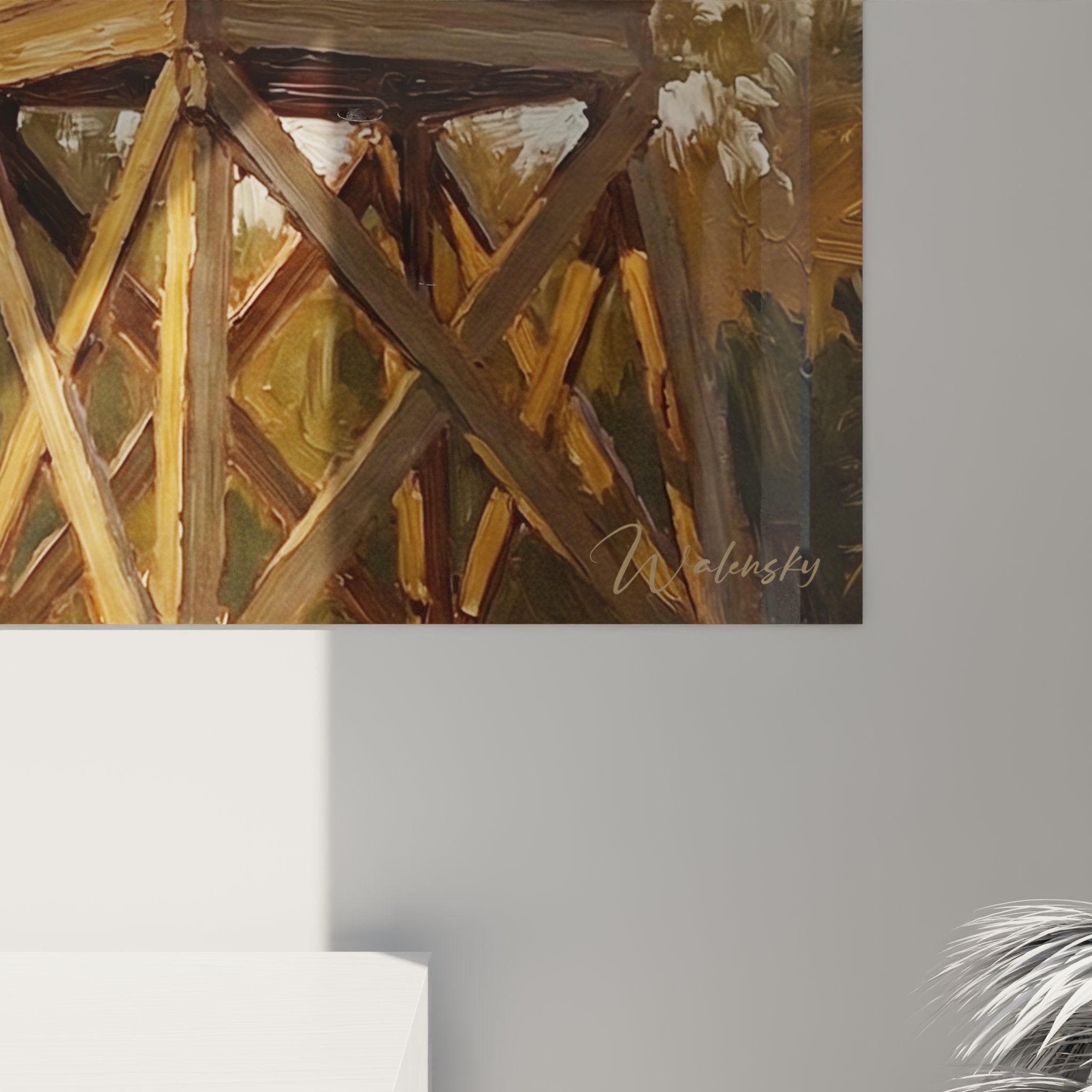 Panoramica del quadro d'arte venatoria che rappresenta una scena di tiro al piattello con tiratore e attrezzature