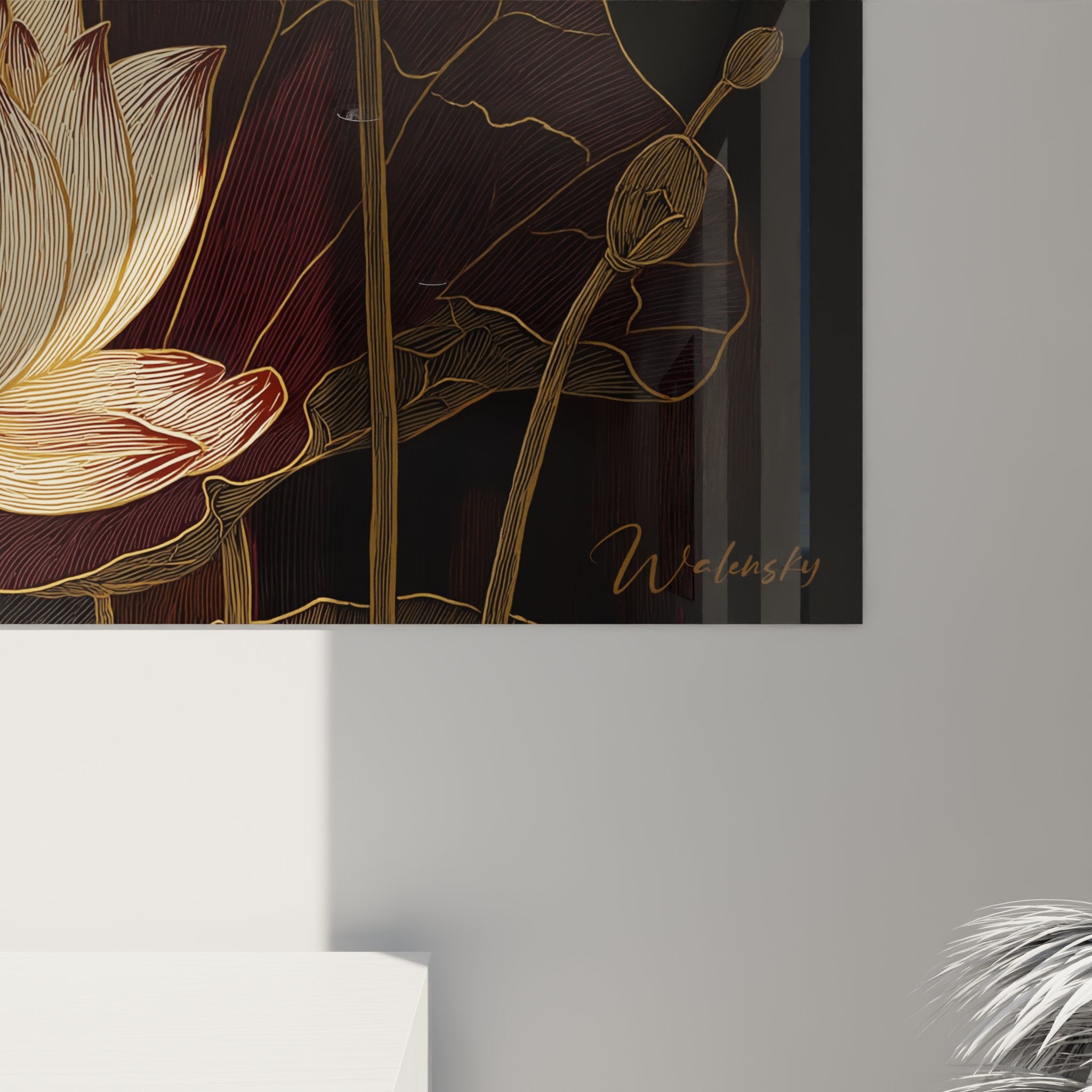 Vue ensemble tableau lotus art déco fleurs dorees feuilles stylisees composition harmonieuse