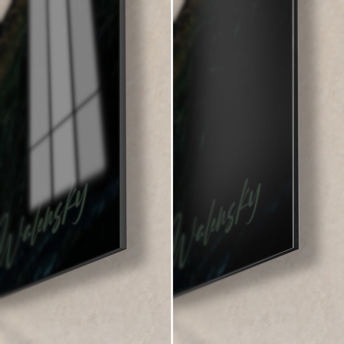 Gemälde Welle bei Dämmerung, untere rechte Ecke: glänzendes Acrylglas links, matt Alu-Dibond rechts, schwarze Kante von 3 mm