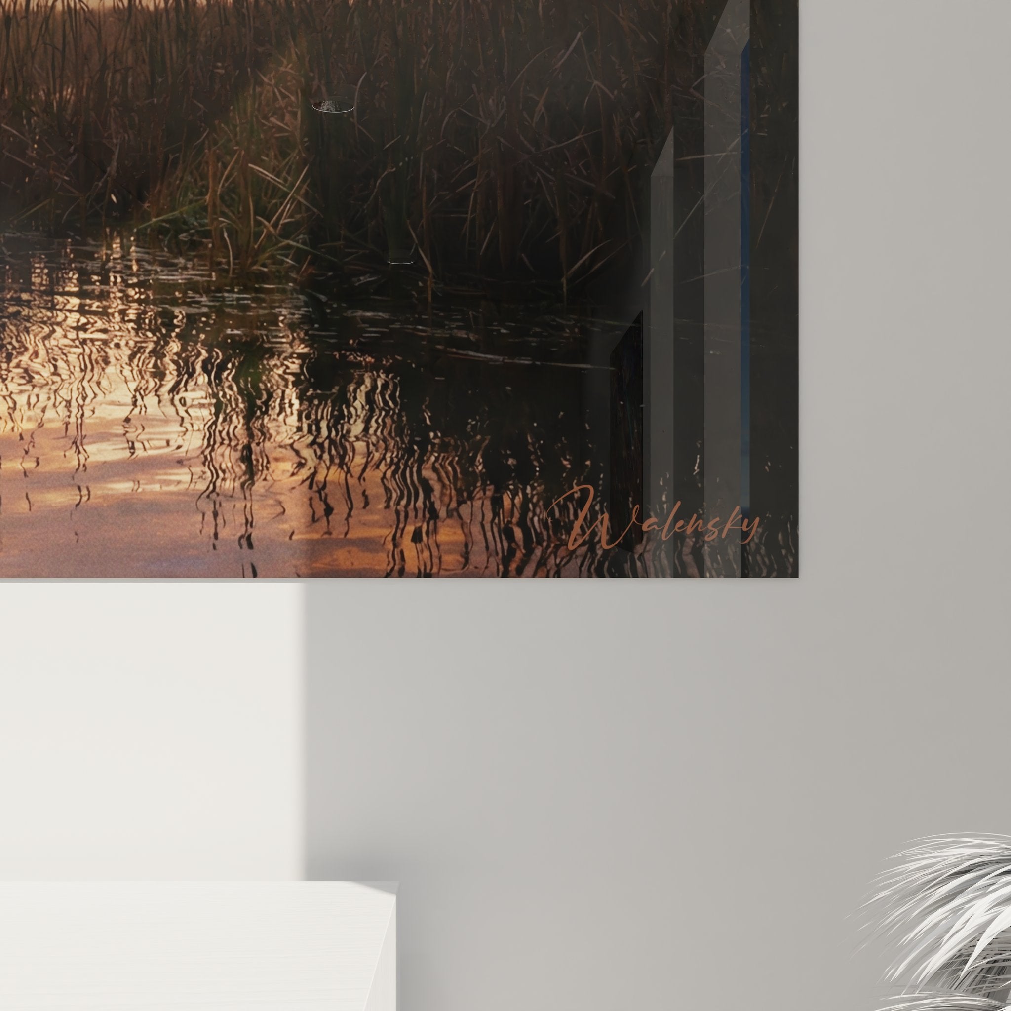 Vue d'ensemble tableau chasseur marais, composition complète avec ciel d'aube et végétation aquatique