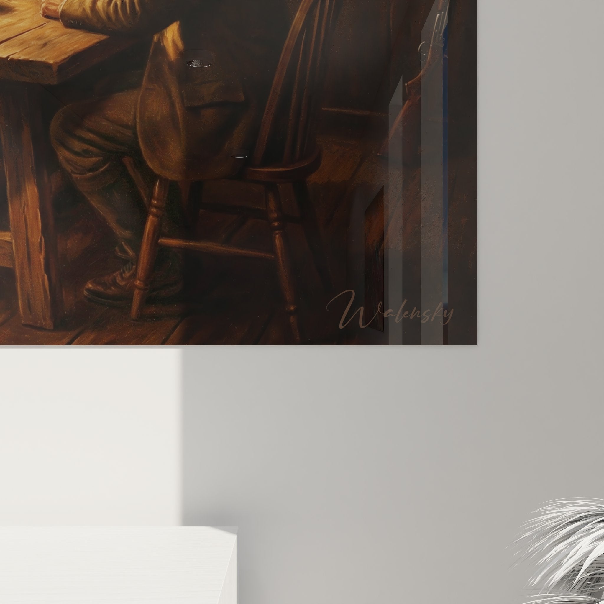 Vue d'ensemble tableau art chasse representant scene conviviale chasseurs refuge montagne avec trophees