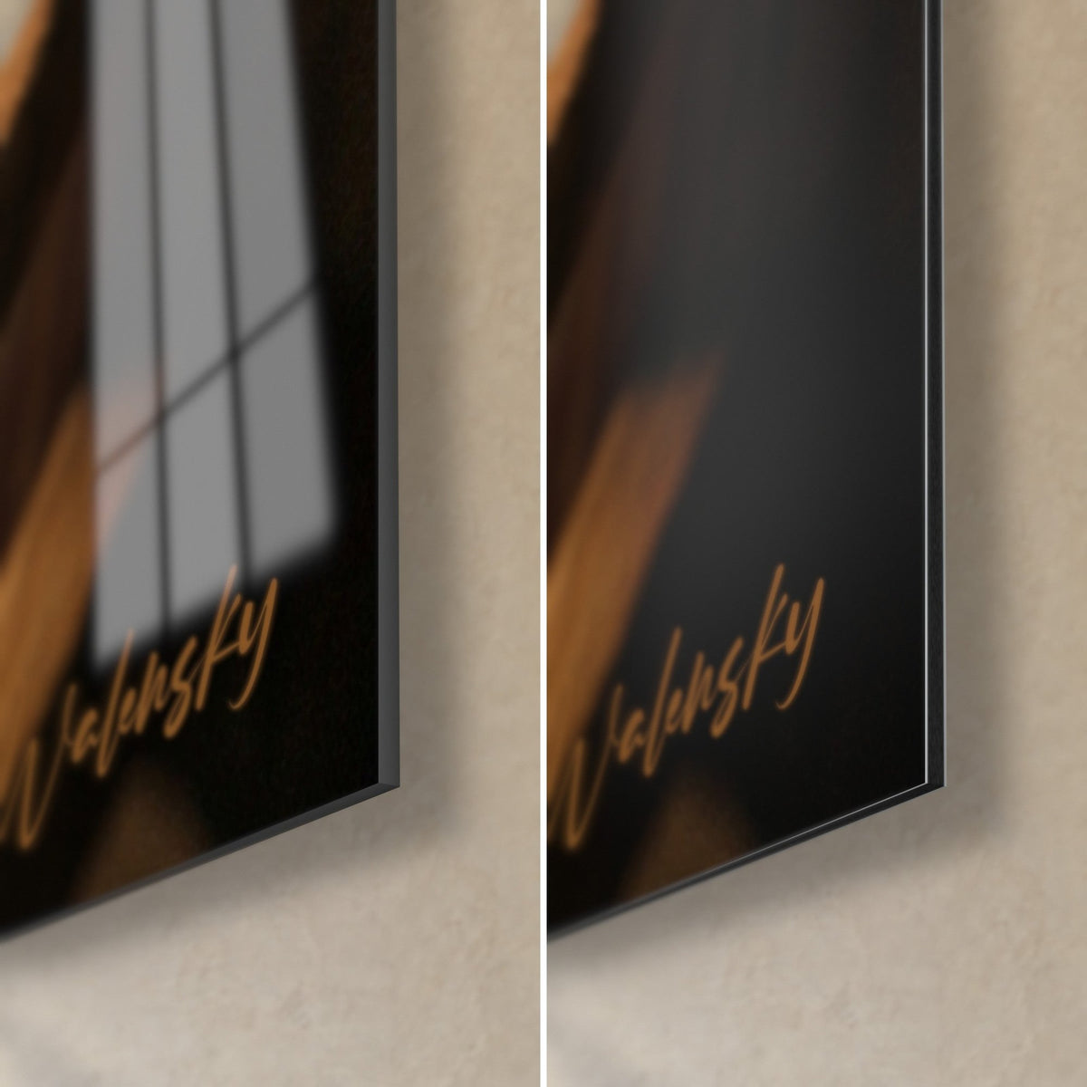 Wall art worn brown leather boxing glove, bottom right corner: glossy glass on the left, matte black Dibond aluminium on the right, gold Walensky signature, 3 mm edge