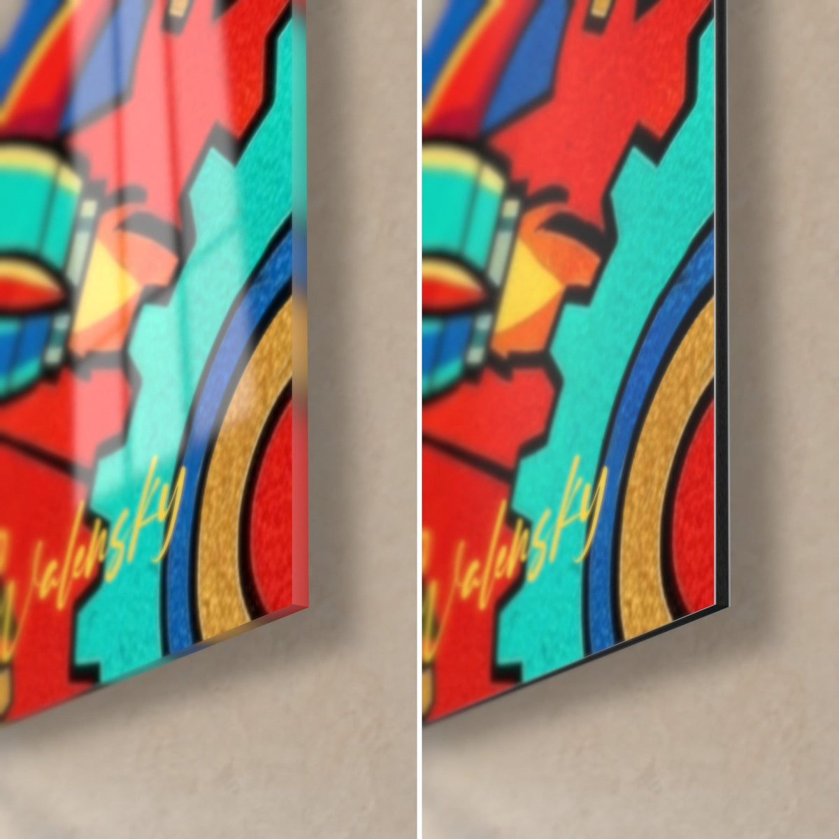 Tableau Cornish Rex futuriste, coin bas droit en turquoise, rouge et or : verre acrylique brillant à gauche, Dibond mat à droite, tranche 3 mm