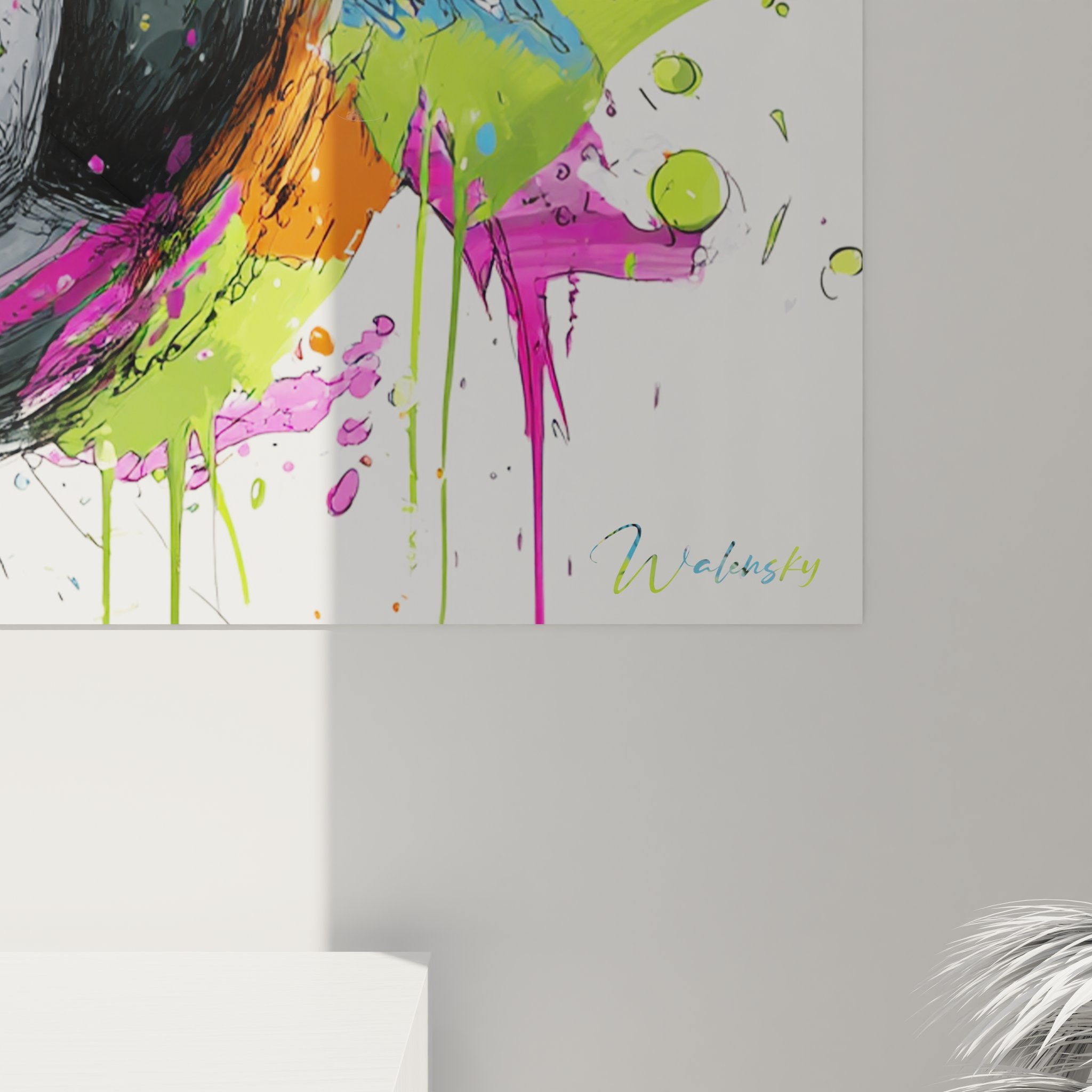 Vue d'ensemble tableau football artistique accroche au mur avec explosion de couleurs et style street art