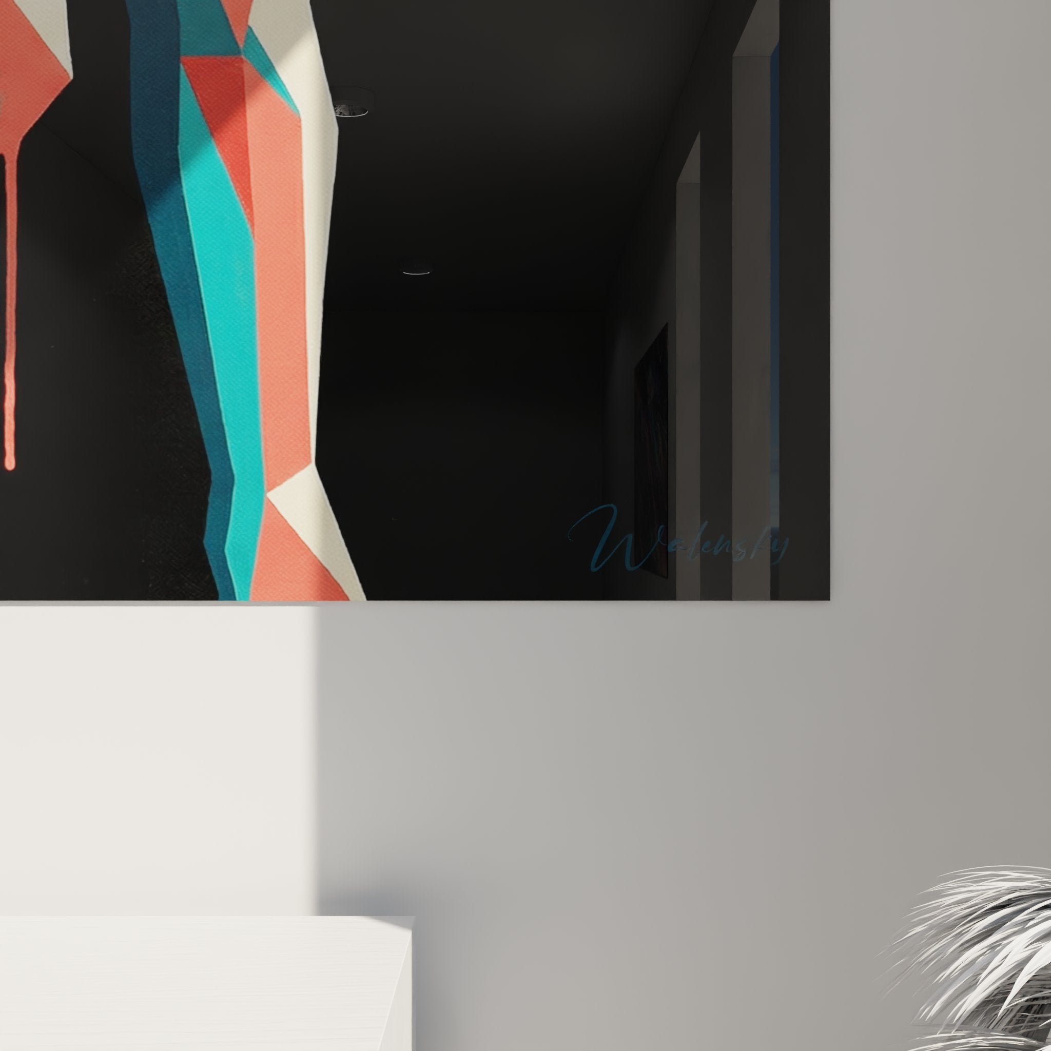 Vista d'insieme quadro running geometrico in interno design, arte sportiva murale per appassionati di corsa