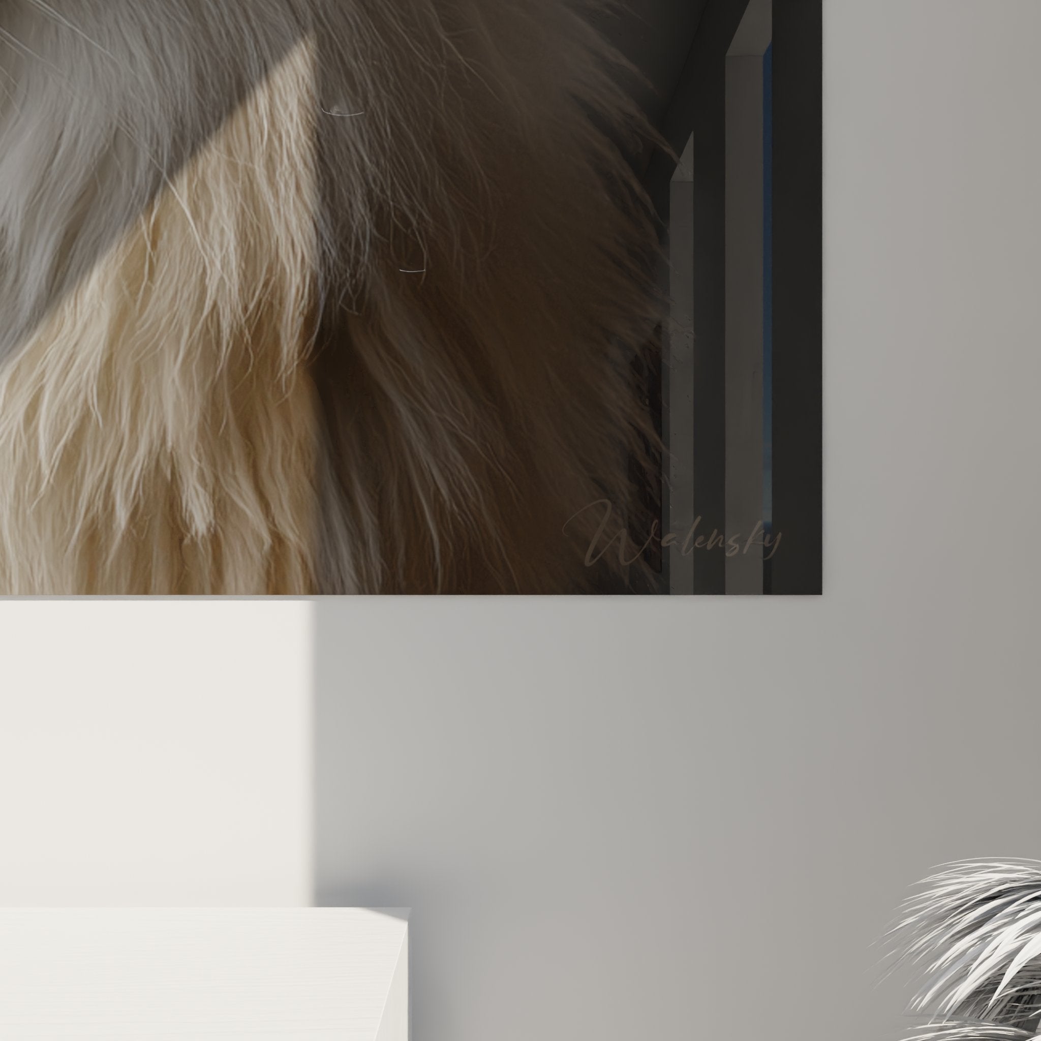 Übersicht des weißen Turkish Angora Gemäldes in einem zeitgenössischen Interieur mit neutralen Tönen