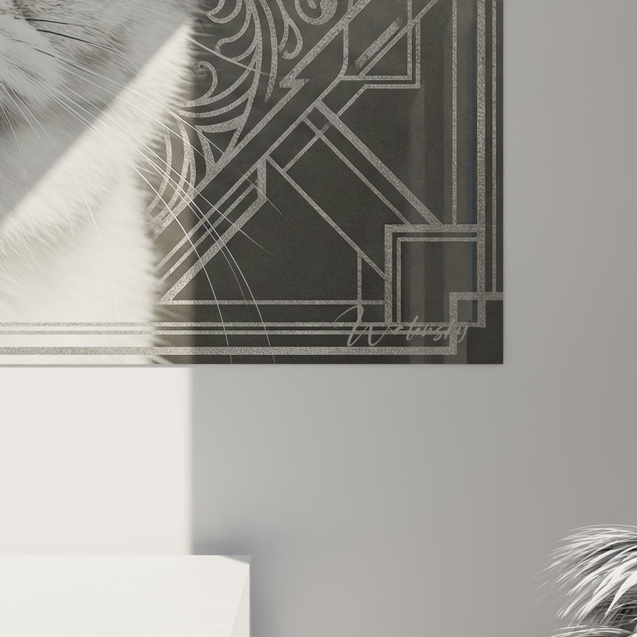 Vue d'ensemble tableau mural chat Exotic Shorthair style Art Déco dans intérieur contemporain décoration féline