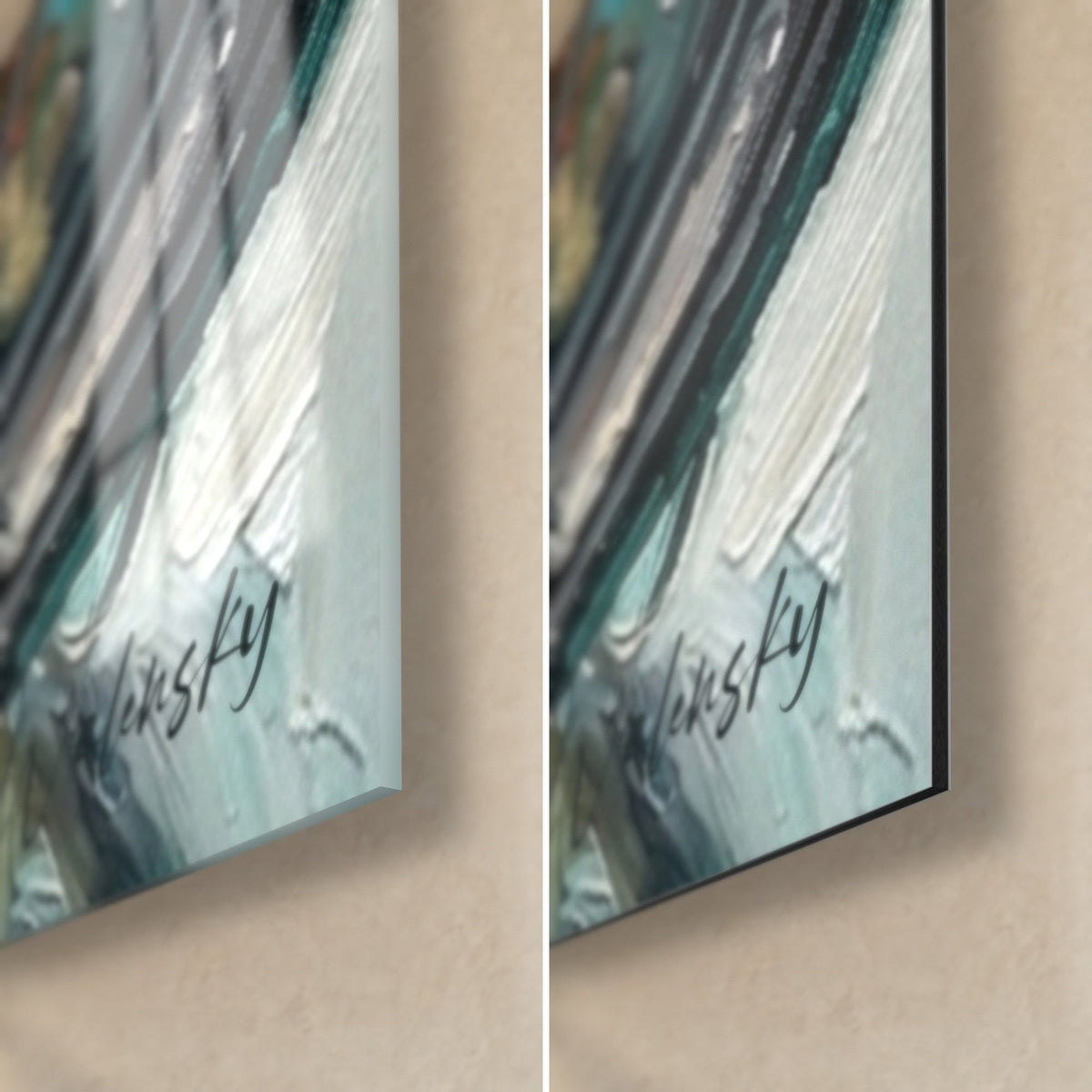Schilderij van een duikmasker in olieverf, rechtsonder: glanzend glas en mat Dibond, zwarte signatuur, rand van 3 mm