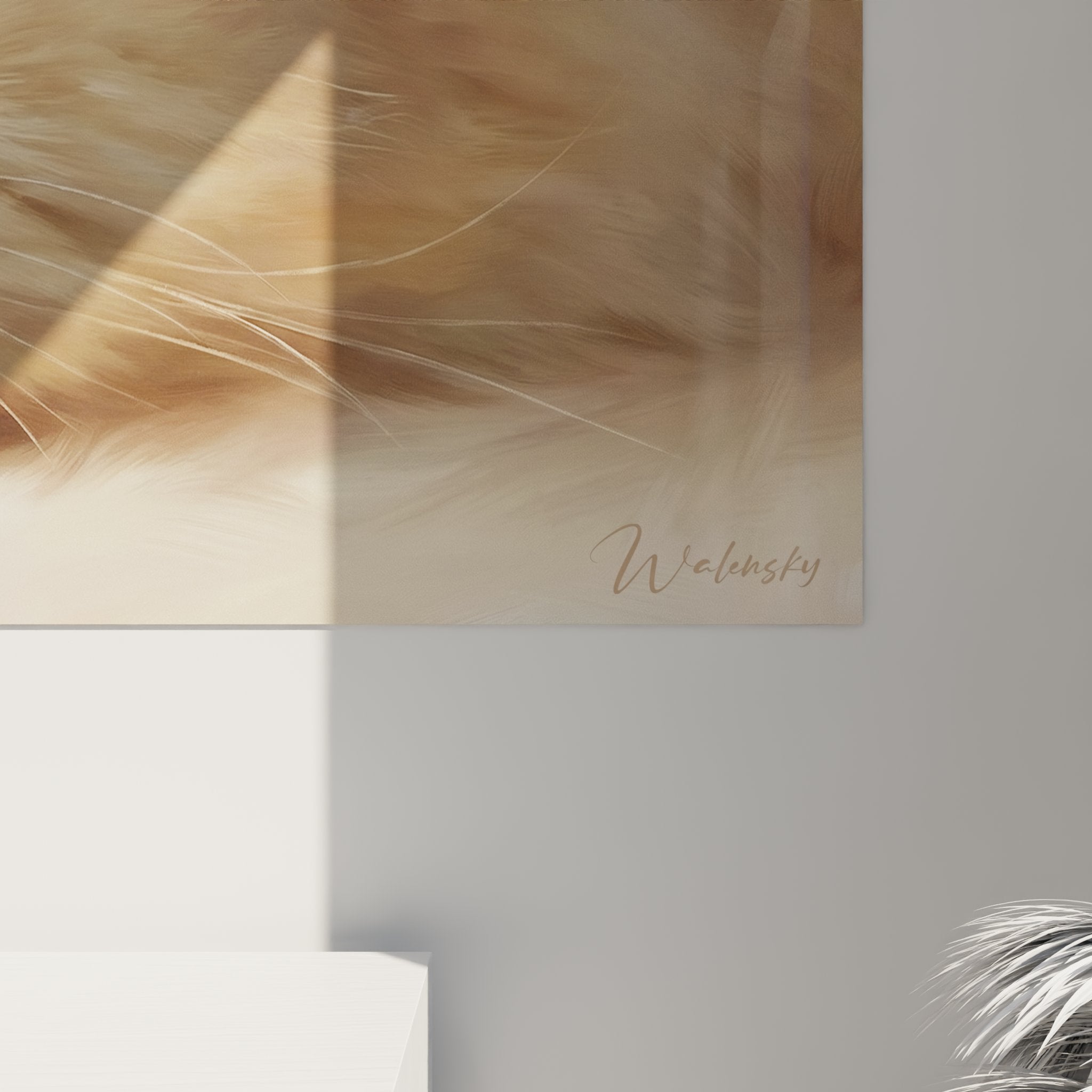 Vue d'ensemble tableau chat Persan mural, cadre élégant, integration décor intérieur raffiné