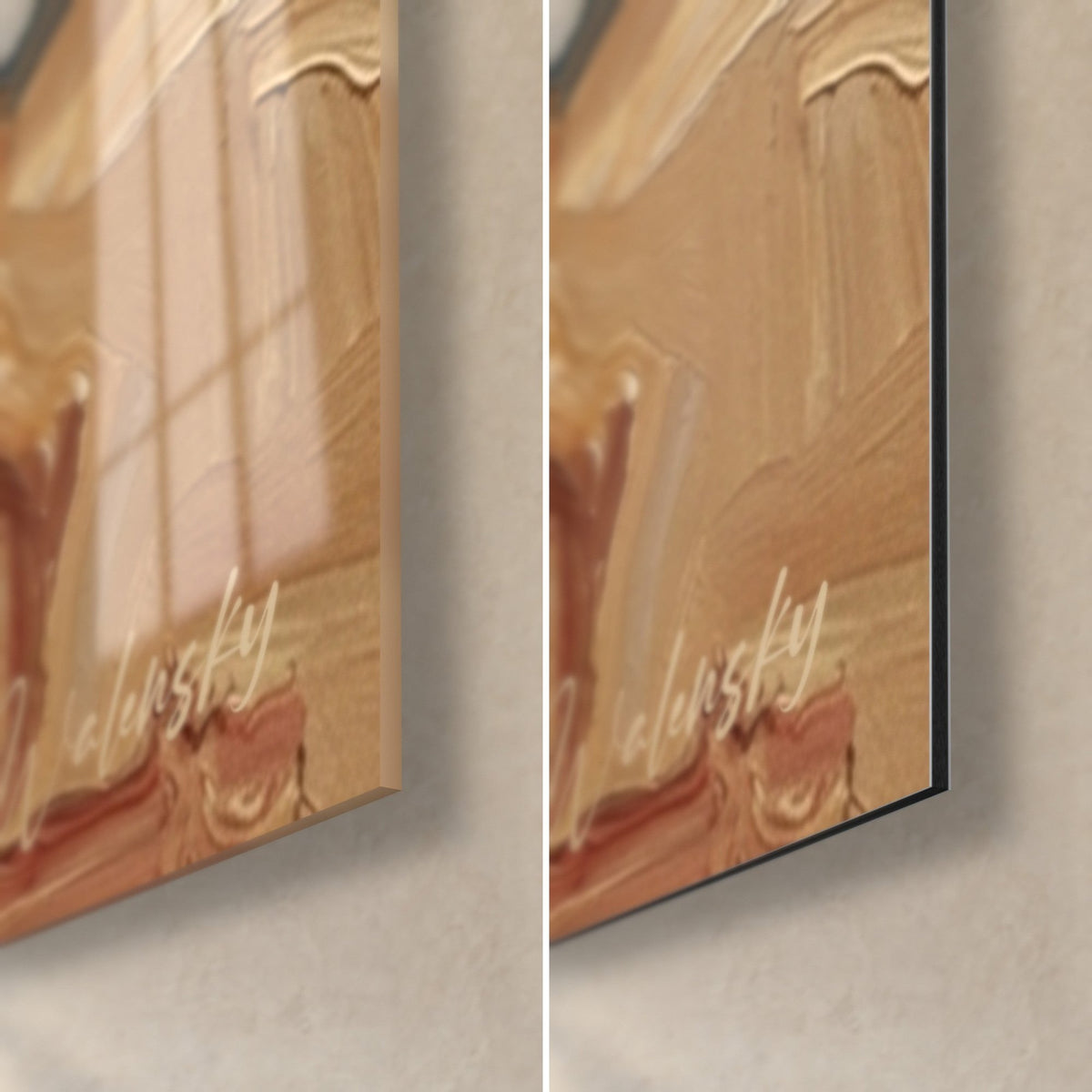 Wall art of a gymnast in a pink leotard, Walensky signature bottom right, glossy glass on the left, matte Dibond aluminum on the right, 3 mm edge