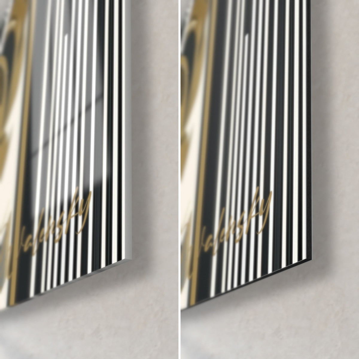 Tableau dame Art déco, coin bas droit : verre acrylique brillant à reflets à gauche, alu Dibond mat noir à droite, tranche de 3 mm
