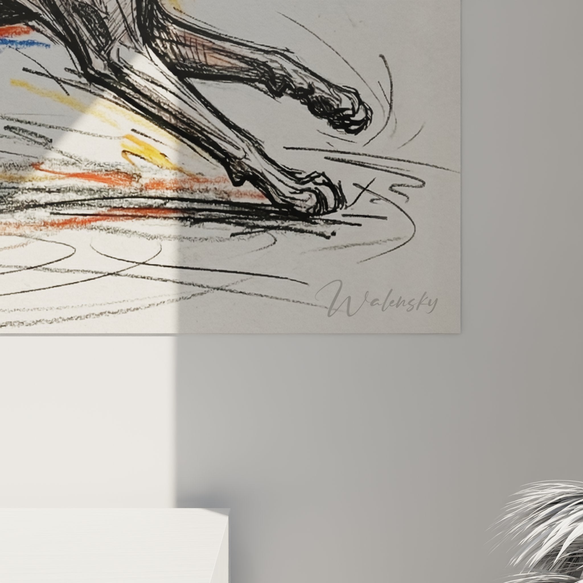 Vista d'insieme quadro murale gatto Peterbald dinamico, arte contemporanea felina con effetti fiamme