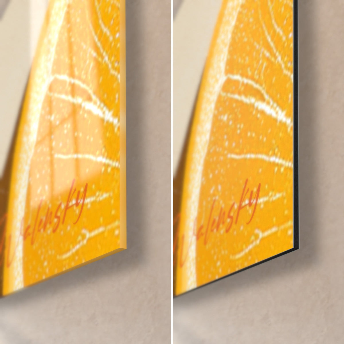 Gemälde orangefarbene Cocktailschale, untere rechte Ecke: gelbe Zitrusscheibe mit weißen Adern, glänzendes Glas links, mattschwarzes Dibond rechts