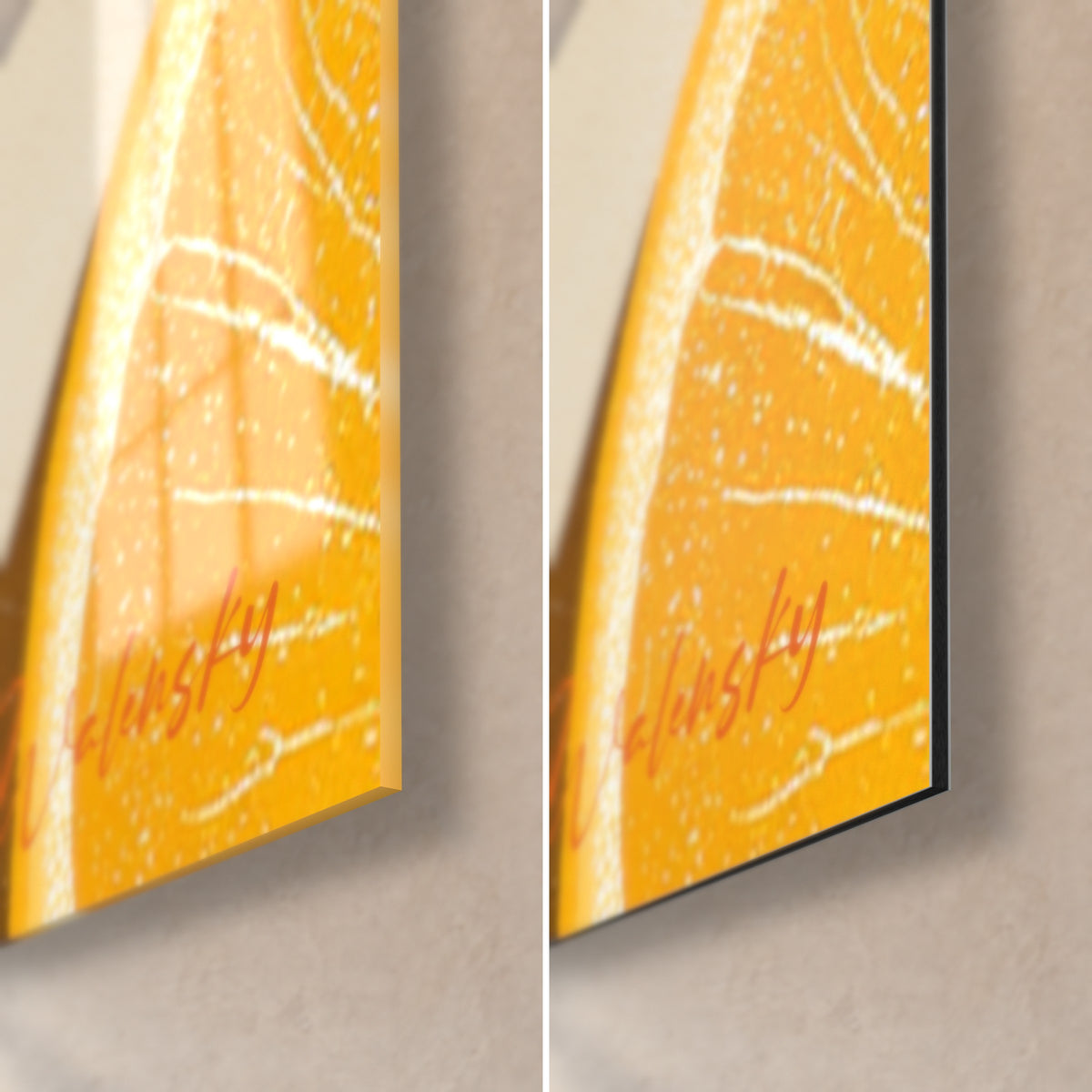 Gemälde orangefarbene Cocktailschale, untere rechte Ecke: gelbe Zitrusscheibe mit weißen Adern, glänzendes Glas links, mattschwarzes Dibond rechts