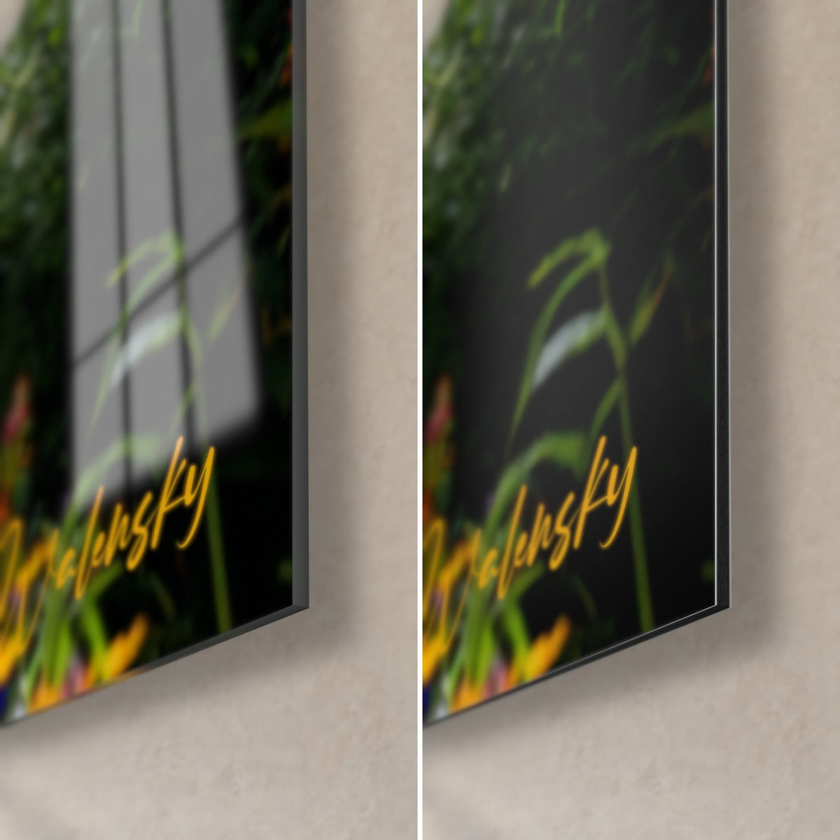 Wall art of a mountain biker on a flowery path, bottom right corner: glossy acrylic glass on the left, matte brushed Dibond aluminum on the right, 3 mm edge