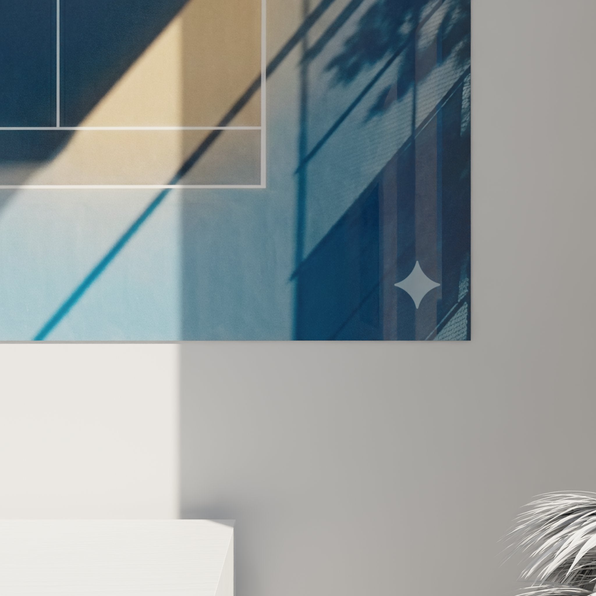 Vue ensemble tableau mural tennis bleu dans interieur moderne decoration sport abstraite geometrique