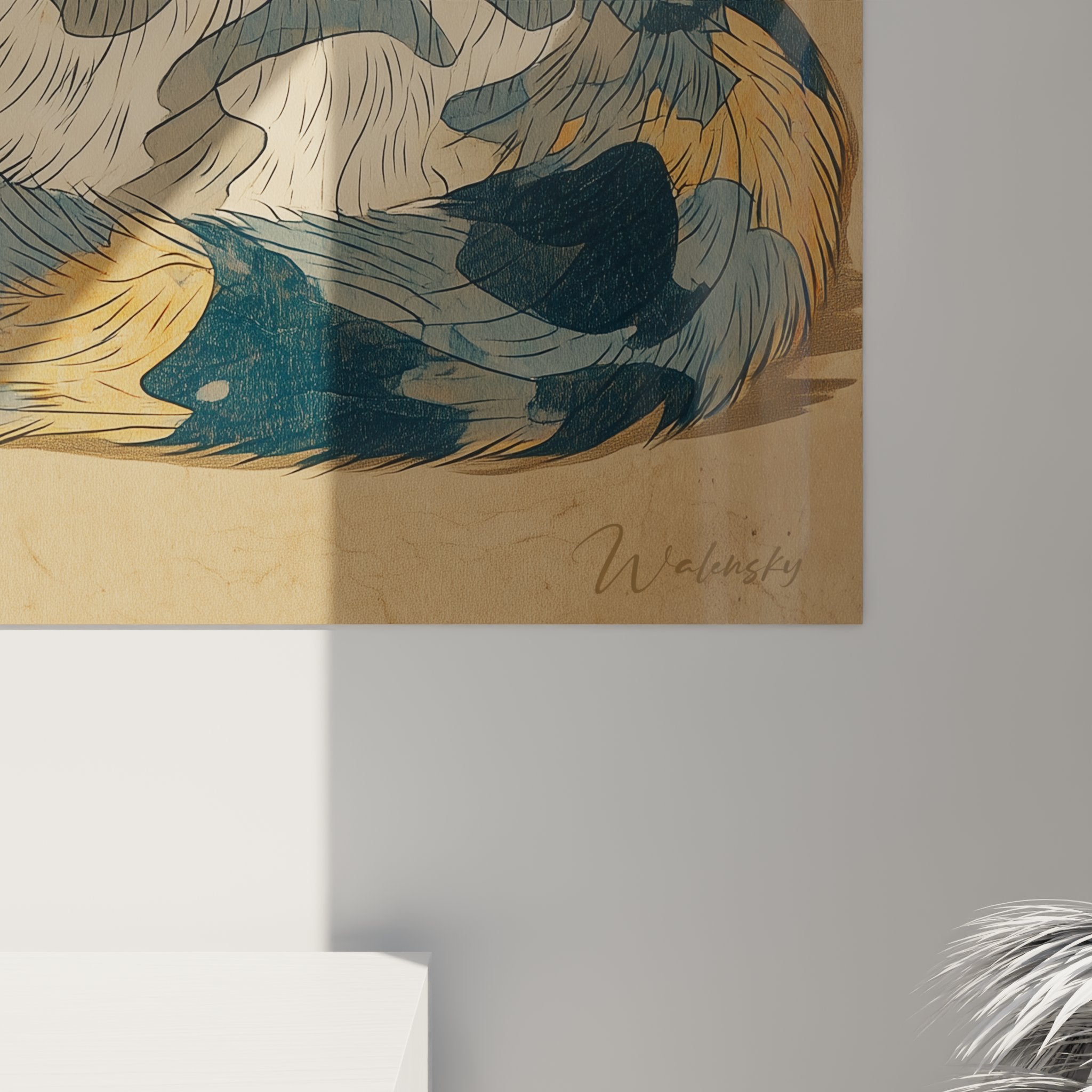 Overview wall art painting American Bobtail tricolor cat elegant resting position decorative art