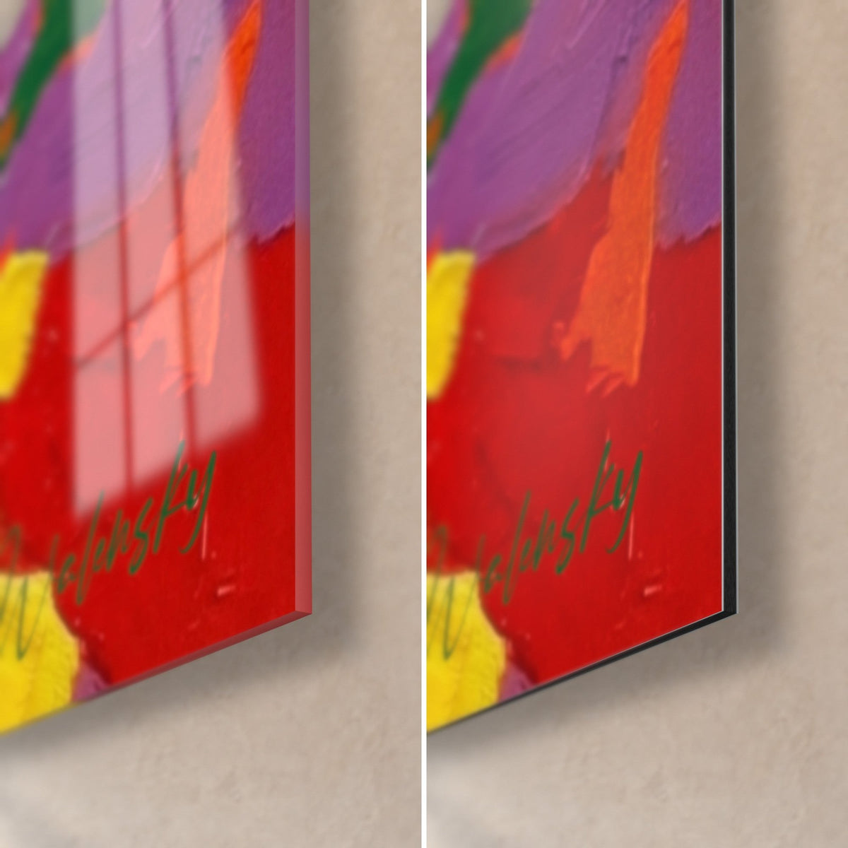 Wall art of a mountain bike descent, bottom right corner: glossy glass with window reflections over bright red, matte Dibond on the right