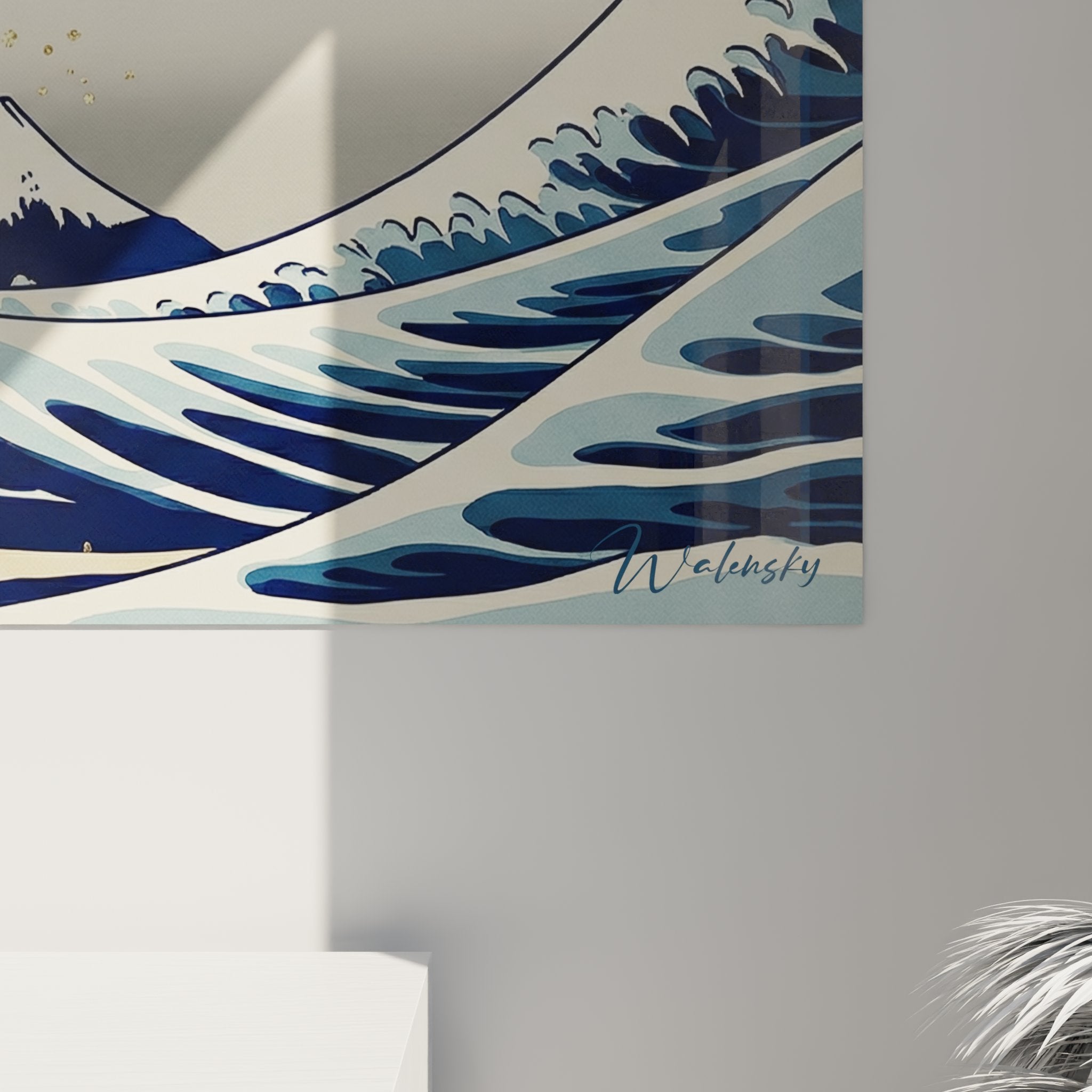 Übersichtsansicht großes Wellen-Surfbrett-Gemälde, modernes japanisches Hokusai-Kunstwerk zur Dekoration