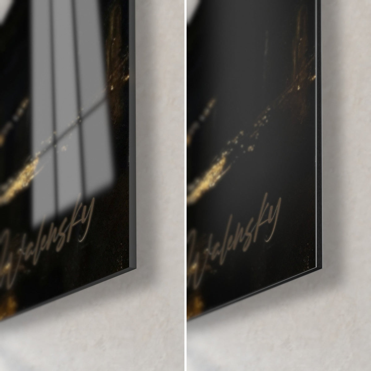 Wall art nocturnal waterfront city, black and gold lower-right corner, Walensky signature, glossy glass and matte Dibond