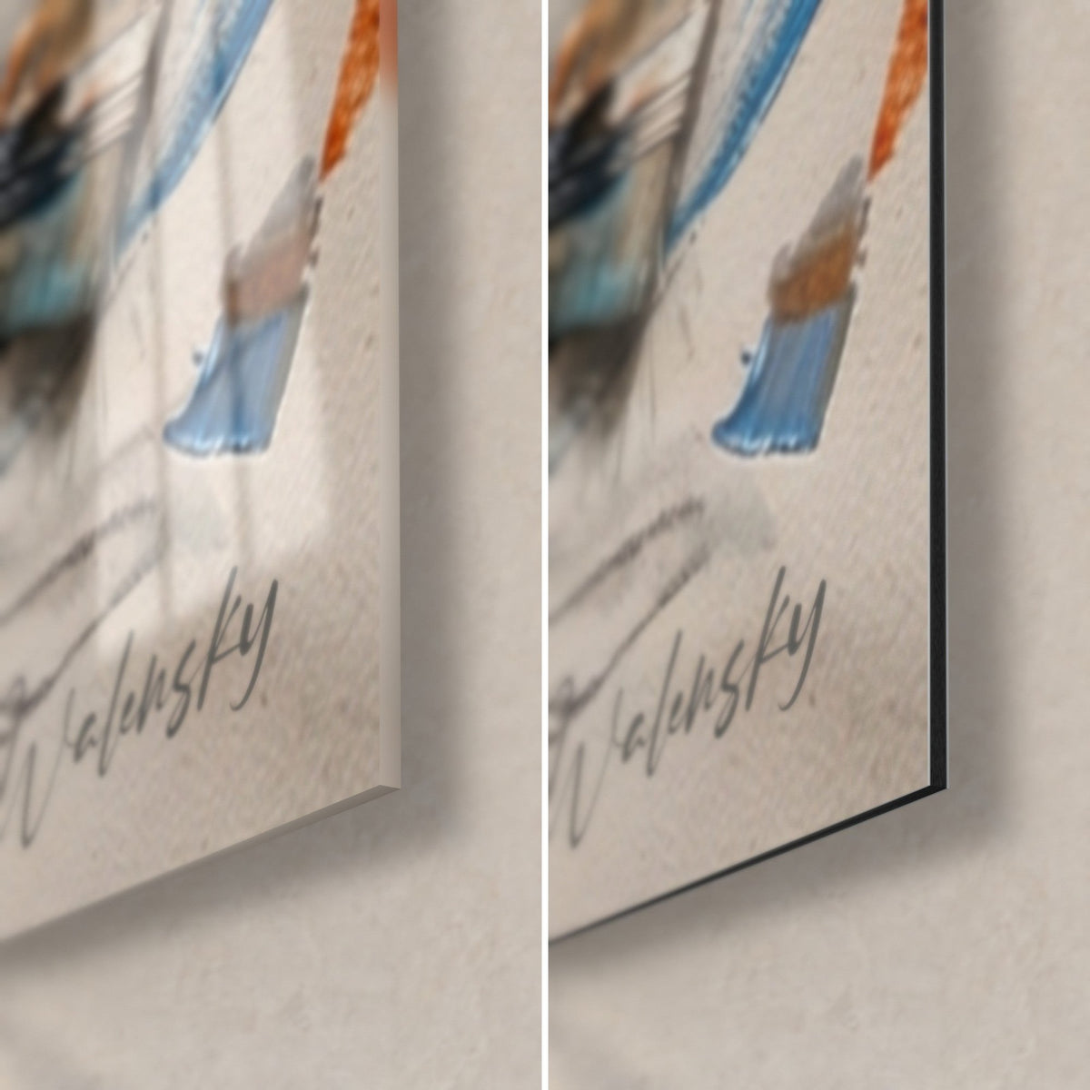 Wall art of a water skier on the water, Walensky signature bottom right, glossy glass on the left, matte Dibond on the right, 3 mm edge
