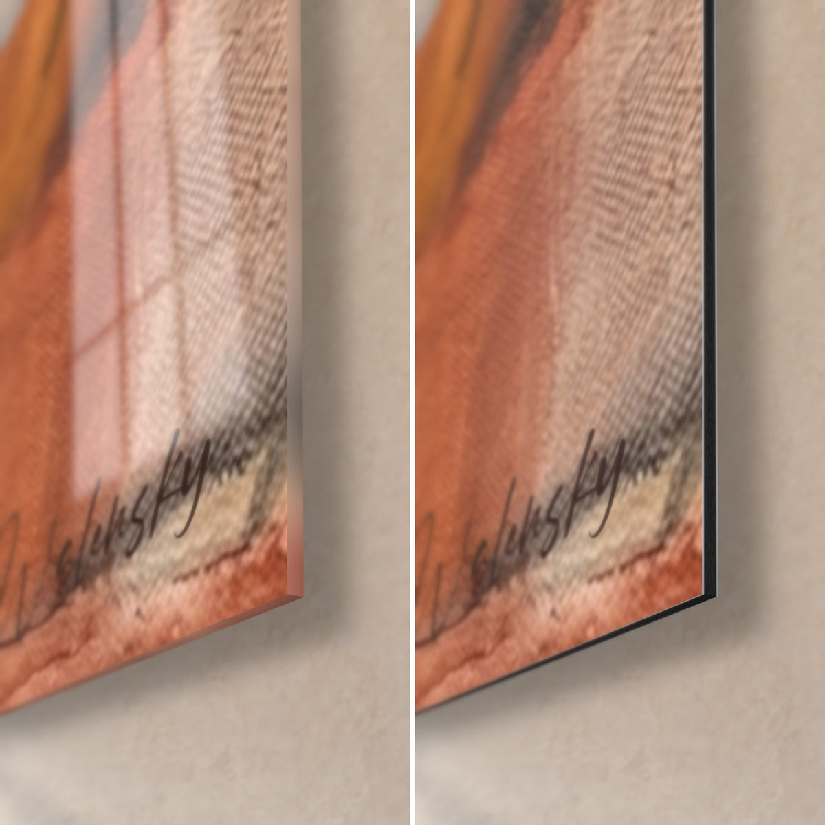 Tableau athlète stylisée, coin bas droit : signature noire sur fond rouille et beige, verre brillant et Dibond mat