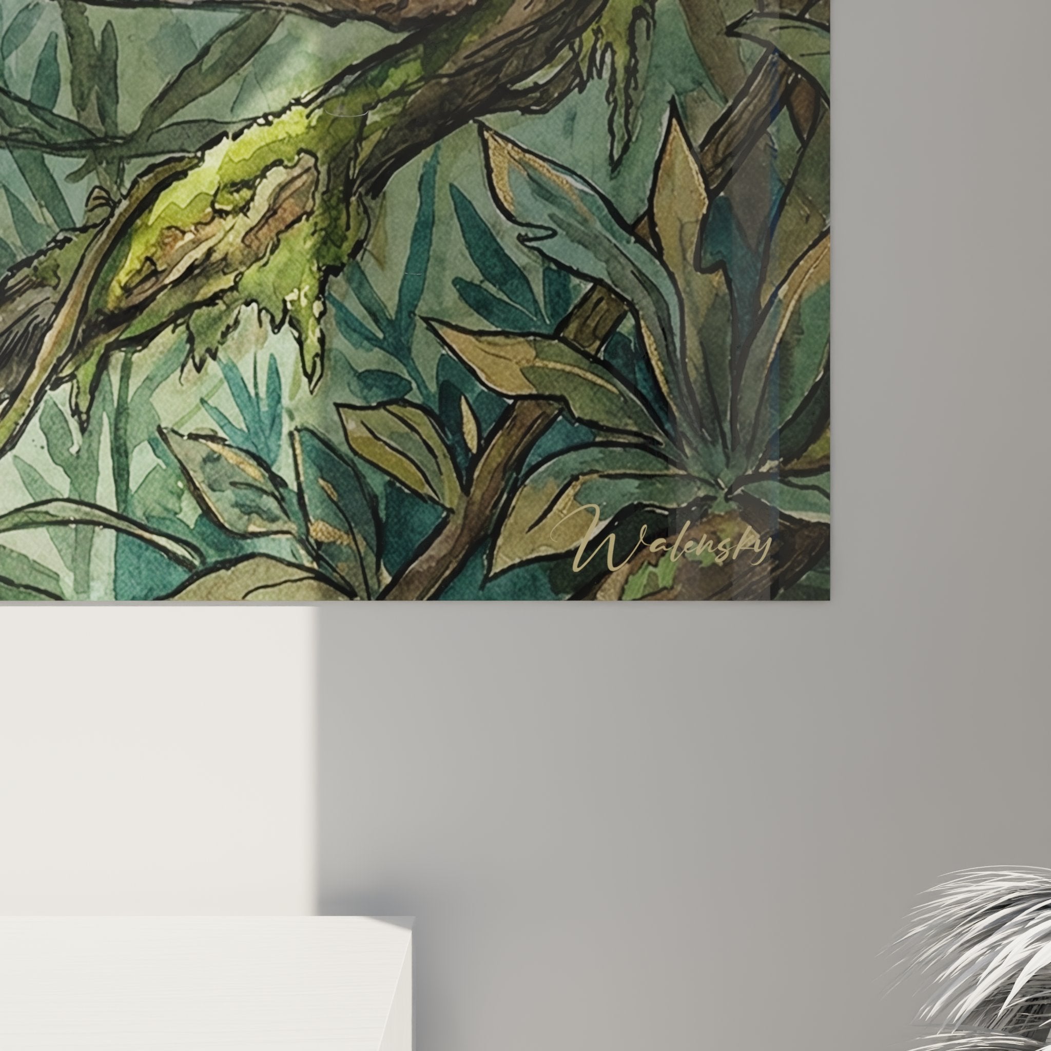 Vue d'ensemble tableau mural chat jungle, œuvre d'art félin aux couleurs naturelles pour décoration murale
