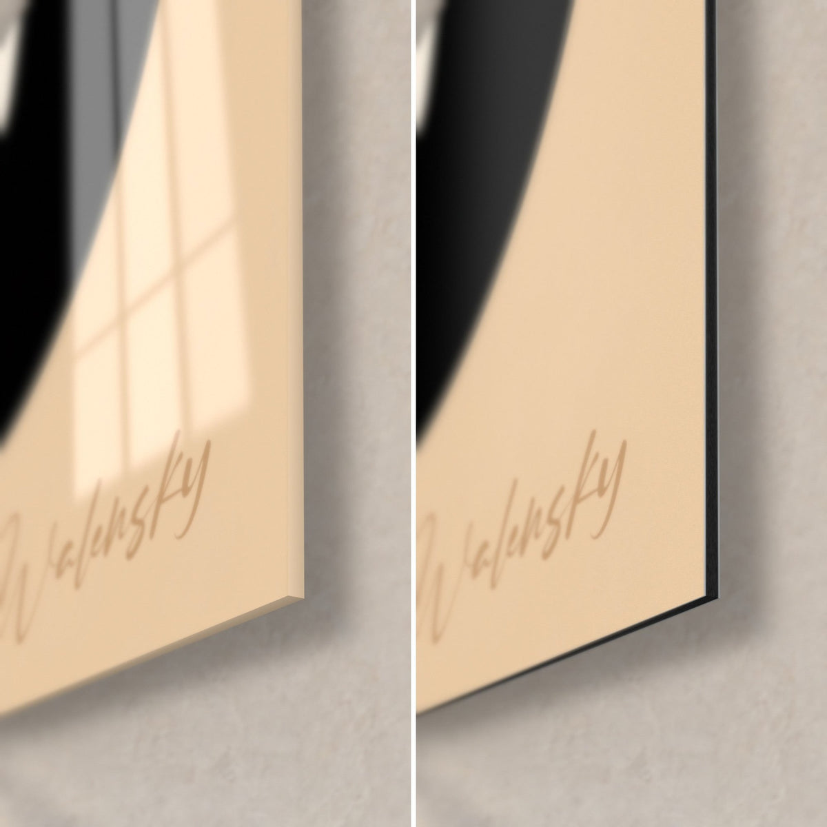 Gemälde stilisierte Blüten in Beige und Schwarz, links untere Ecke aus glänzendem Acrylglas, rechts matt auf Dibond-Aluminium