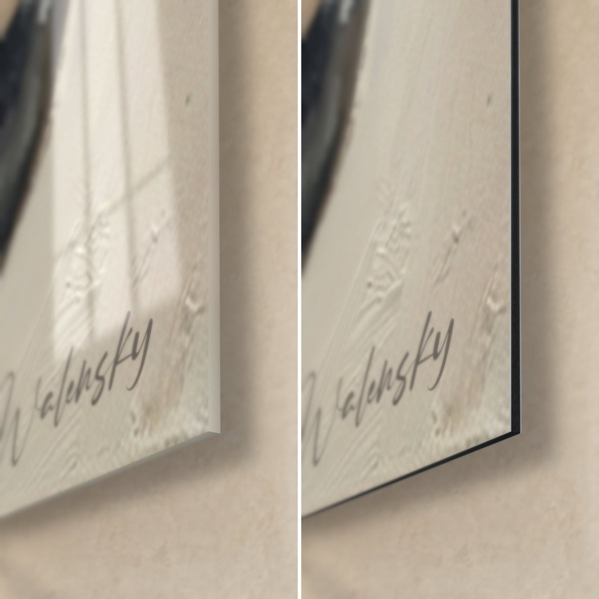 Gemälde Pferd mit silbernem Gebiss, untere rechte Ecke: glänzendes Acrylglas links, mattschwarzes Alu-Dibond rechts, Signatur Walensky