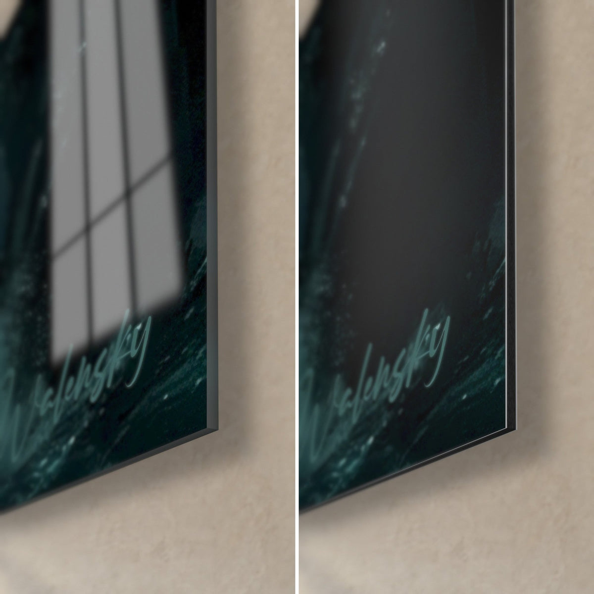 Gemälde Kajak unter dem türkisfarbenen Bogen, untere rechte Ecke: glänzendes Acrylglas links, mattschwarzes Alu-Dibond rechts, 3 mm Kantenstärke