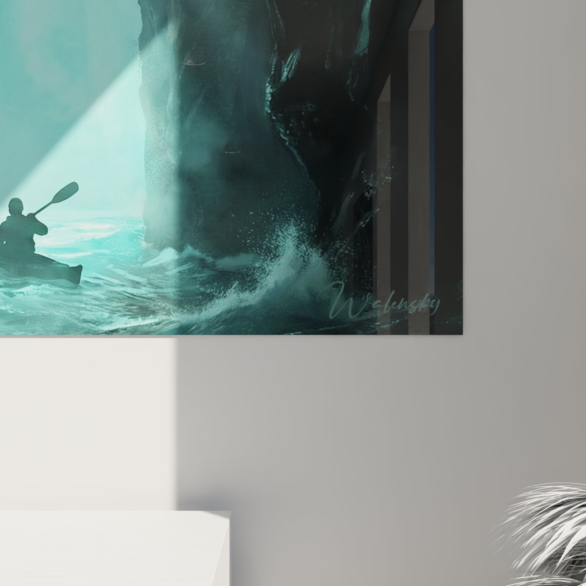 Vue perspective tableau kayak grotte marine décoration intérieure art mural aventure nature