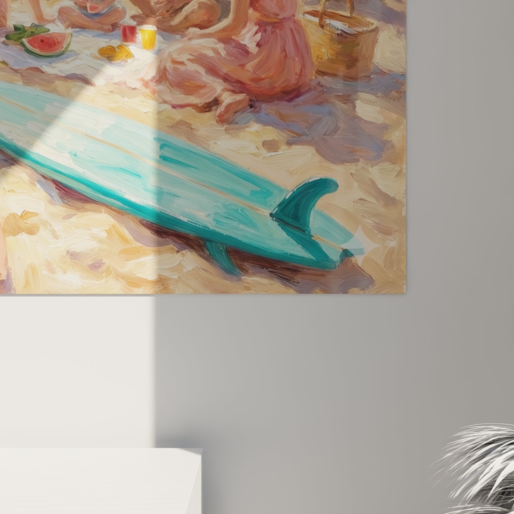 Vue ensemble tableau famille plage surf decoration murale art tropical planches multicolores ocean