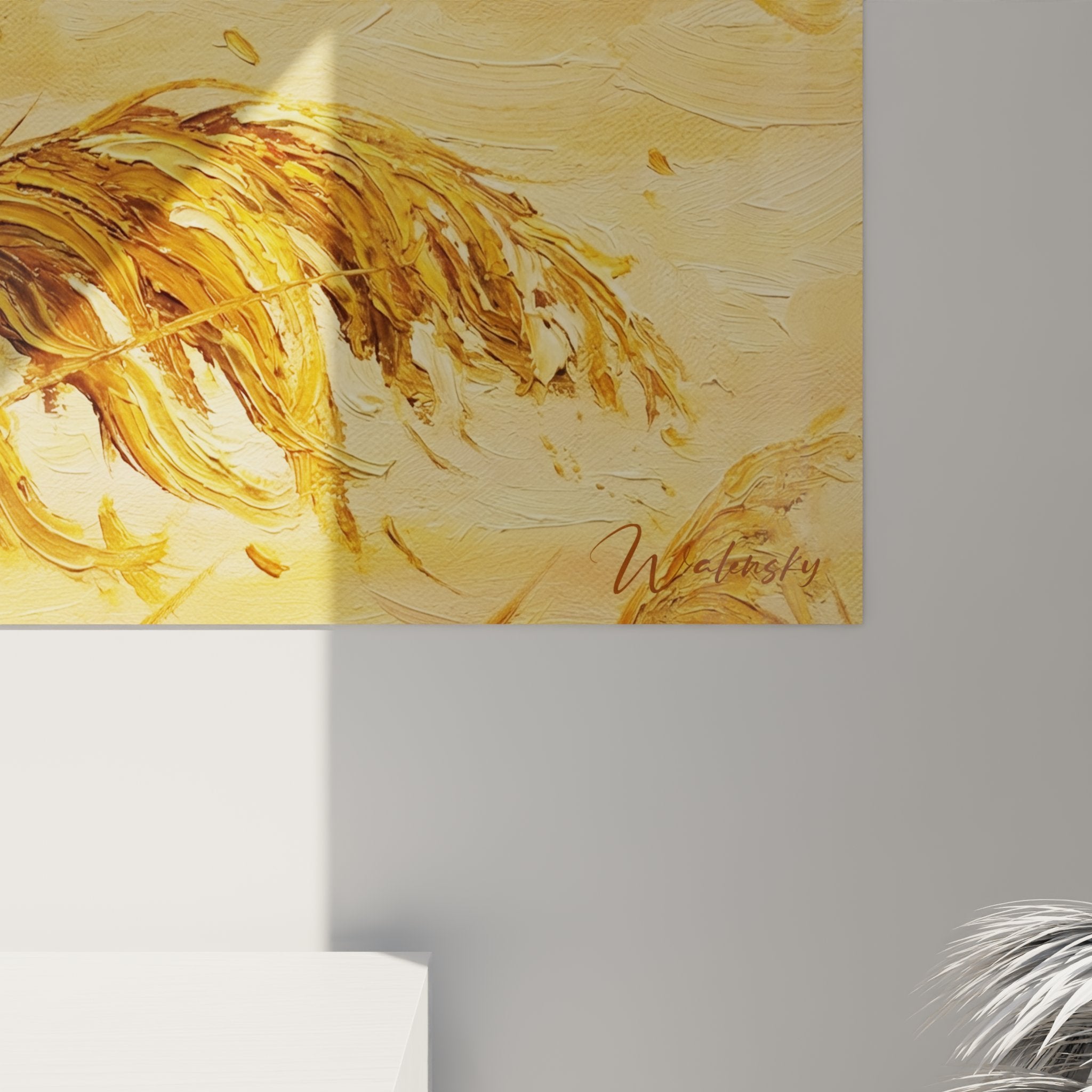 Overview of Camargue reeds canvas, horizontal composition, golden ochre and amber palette