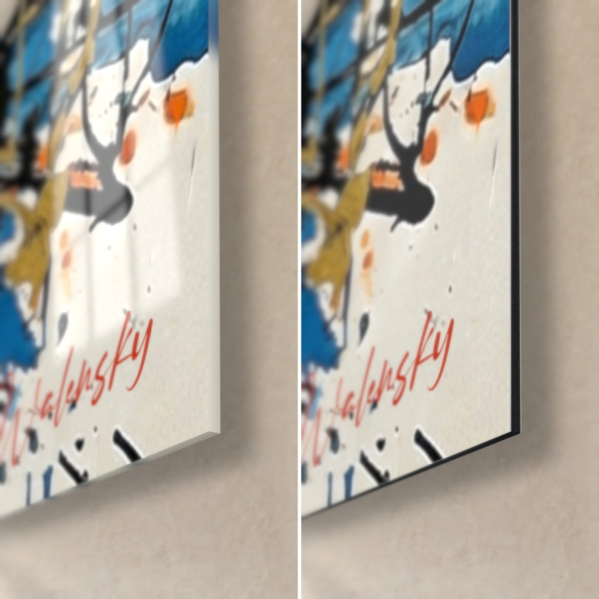 Wall art Côte d'Azur in blue and orange projections, signed Walensky in the bottom right corner, glossy glass on the left, matte Dibond on the right