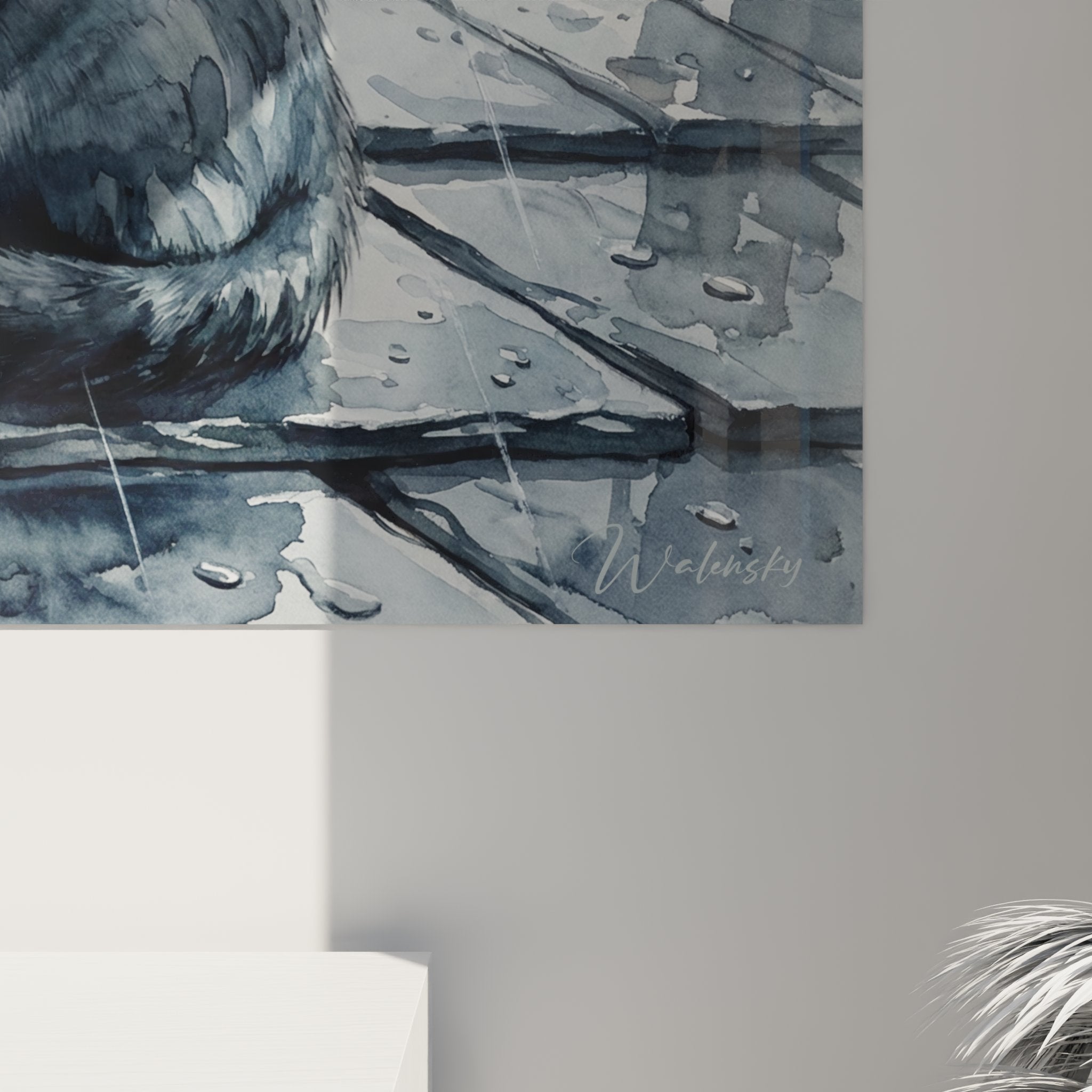 Vue d'ensemble du tableau chat Chartreux exposé dans un intérieur contemporain avec éclairage tamisé