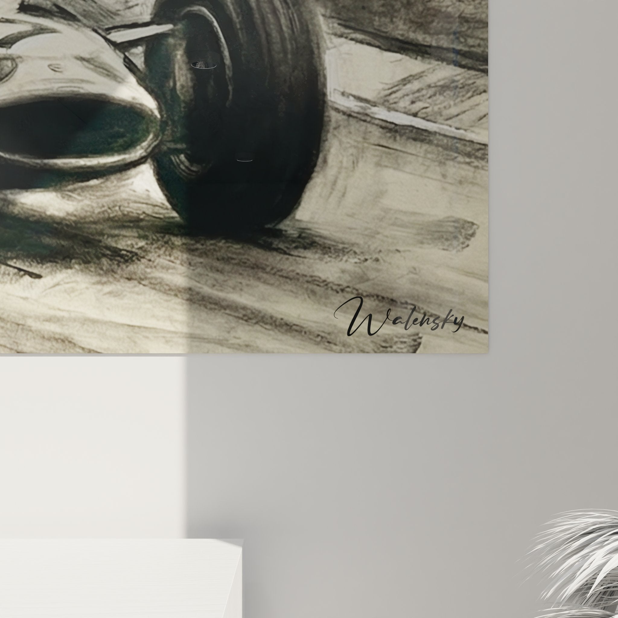 Vue ensemble tableau mural F1 vintage course automobile decoration interieur style retro noir blanc