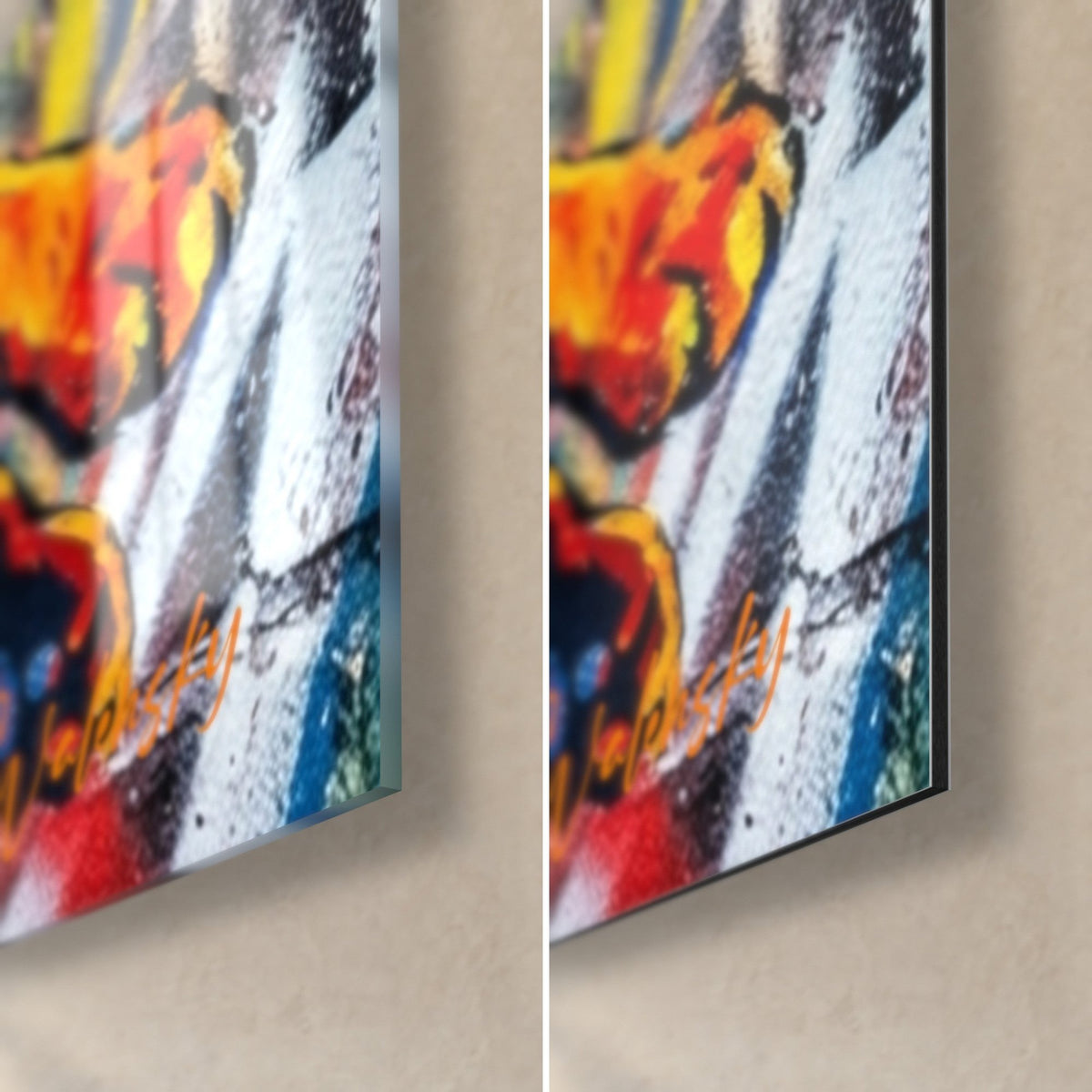 Tableau chat street art aux yeux bleus, coin bas droit : verre acrylique brillant à gauche, alu Dibond mat à droite, tranche de 3 mm