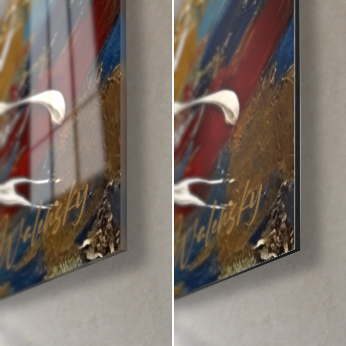 Cuadro gato persa crema, esquina inferior derecha: cristal acrílico brillante a la izquierda, Dibond mate a la derecha, canto fino, destellos rojos y dorados
