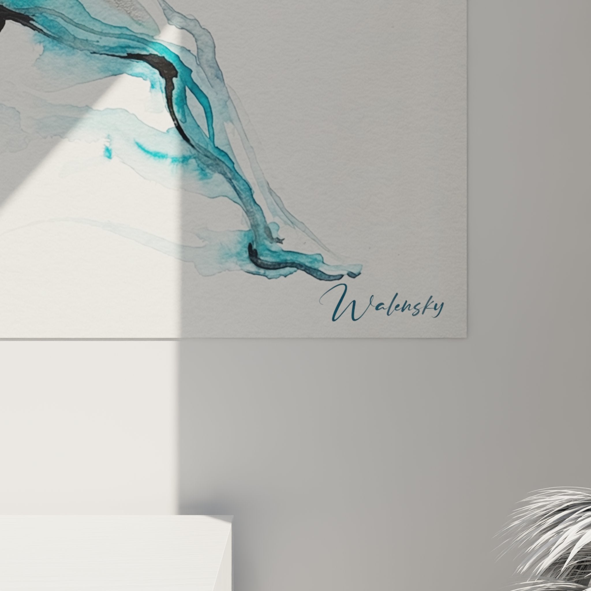 Overview of watercolor runner painting in contemporary living room with artistic wall decoration