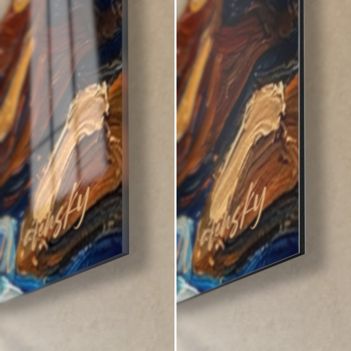 Wall art Canyon rafting, lower right corner: glossy acrylic glass with reflections, matte Dibond, 3 mm edge, ochre and blue impasto
