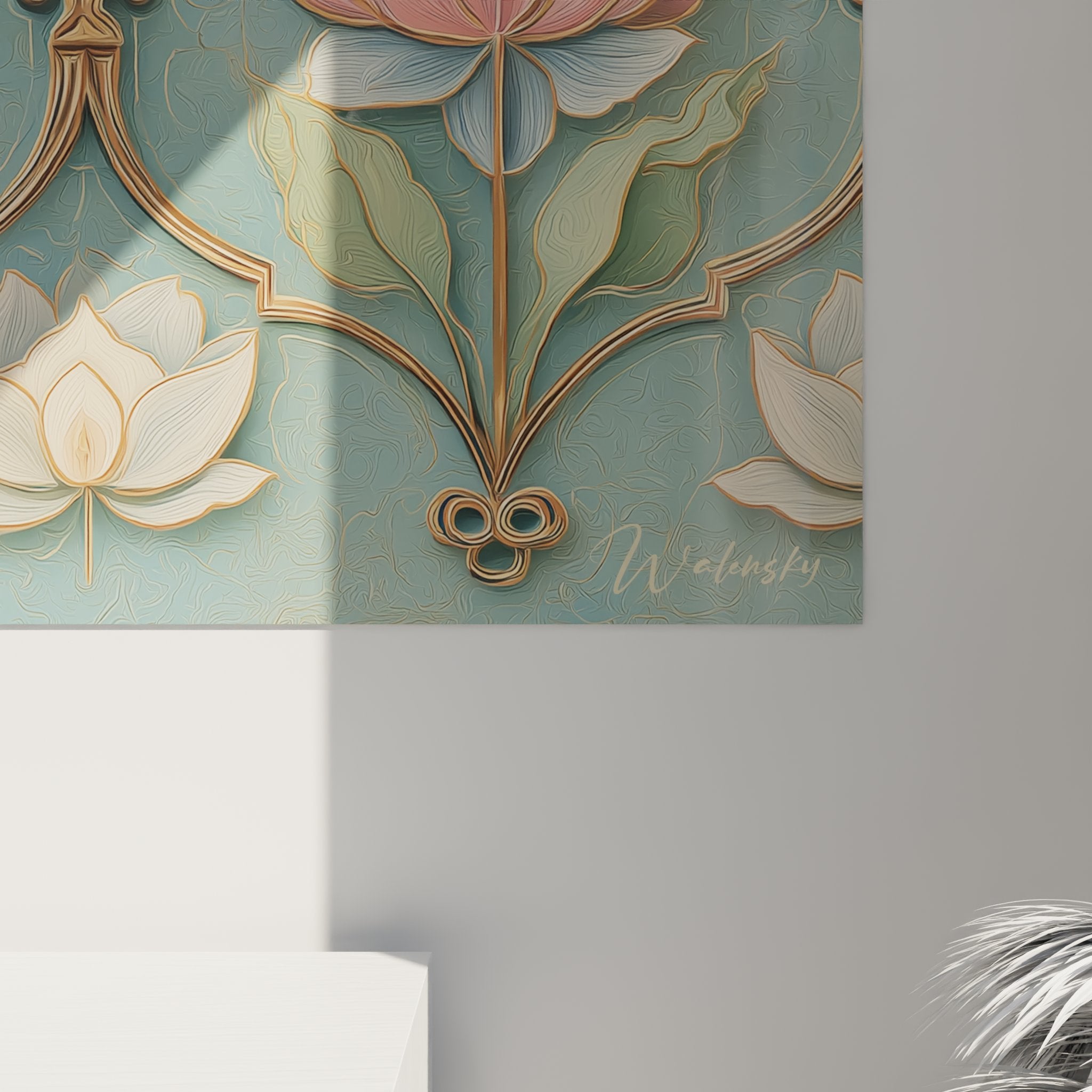 Full view lotus flower art deco wall art with repetitive vintage floral patterns from the 1930s