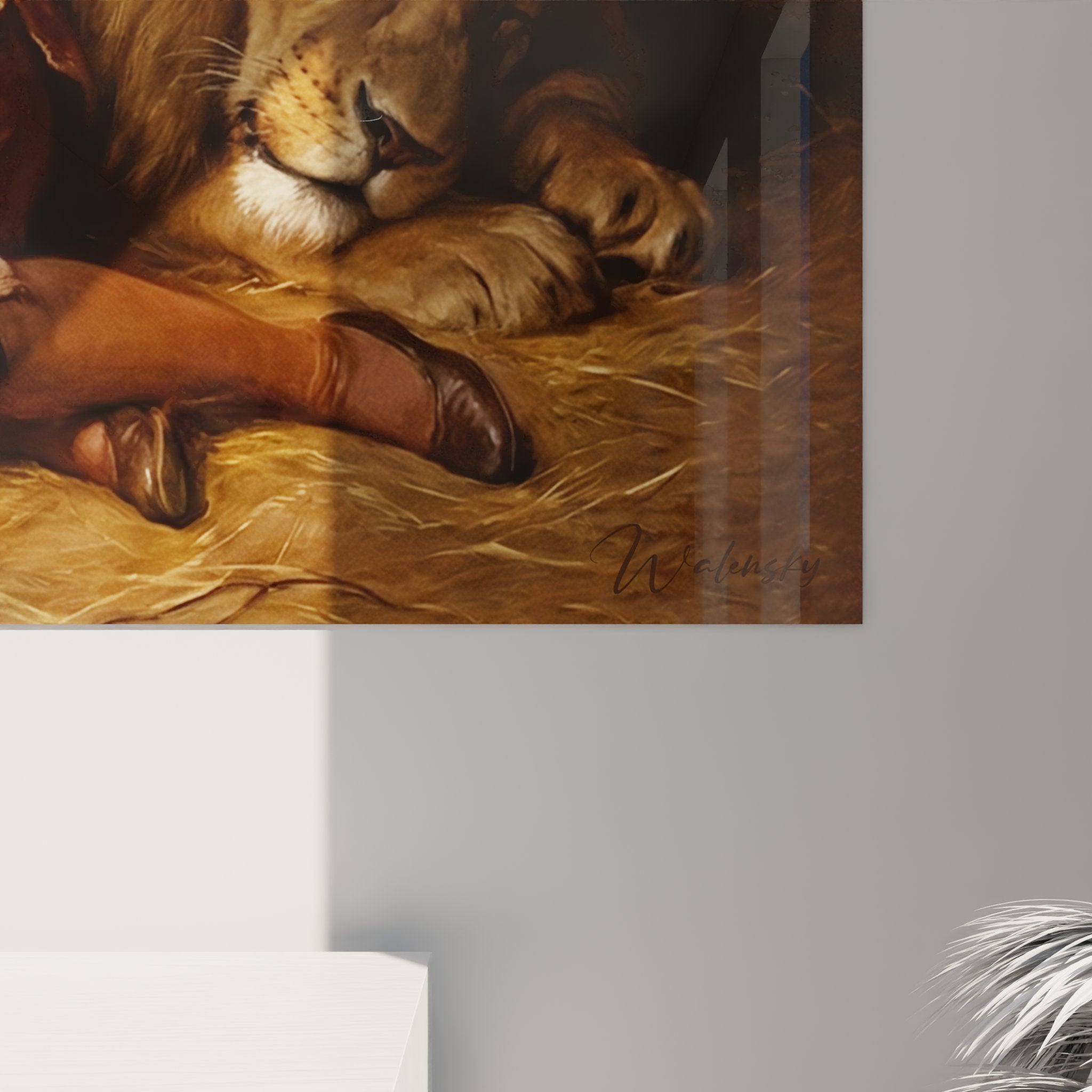 Vue ensemble tableau art cirque femme lion cage spectacle decoration interieur style vintage classique